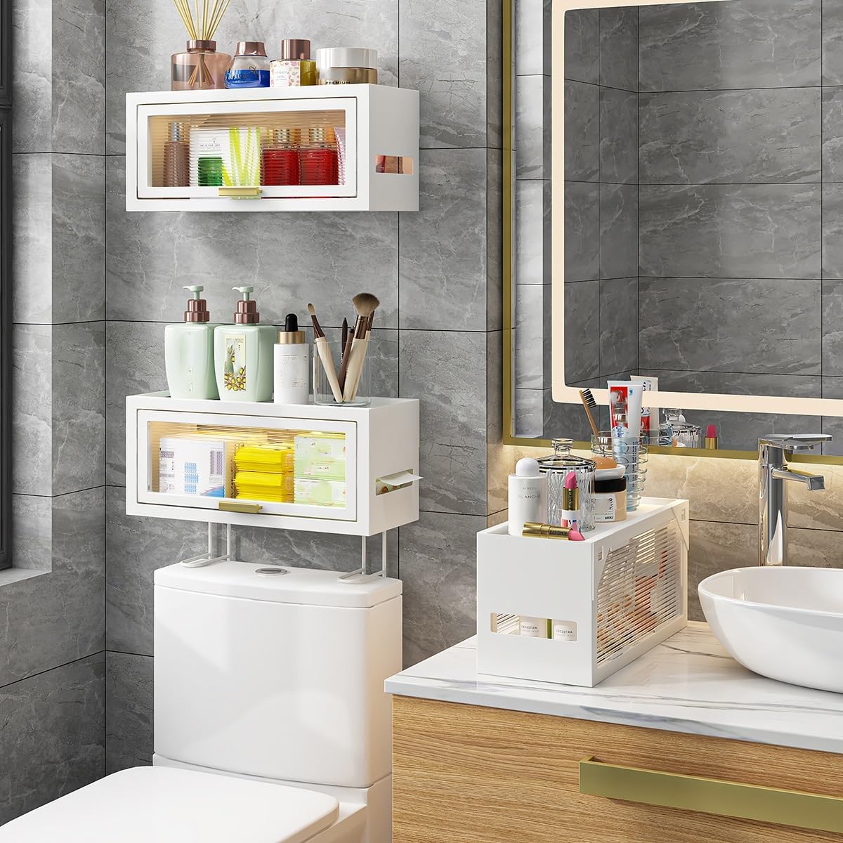 Over The Toilet Storage Shelf with Doors, Above Toilet Storage Wall Mounted, Over The Toilet Rack Metal, Freestanding Multi-Functional Toilet Organizer Bathroom Space Saver (Color : /White B) (/Blac