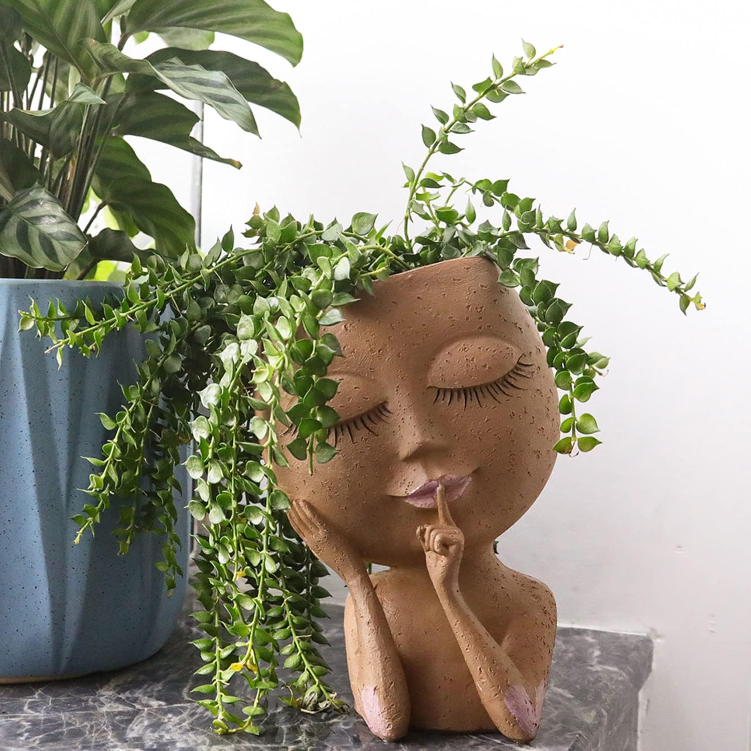 HUNTHAWK Face Planters Pots Unique Face Flower Pot for Indoor Outdoor Plants Resin Head Planter with Drainage Hole Cute Lady face Plant Pots Closed Eyes (Large Brown)