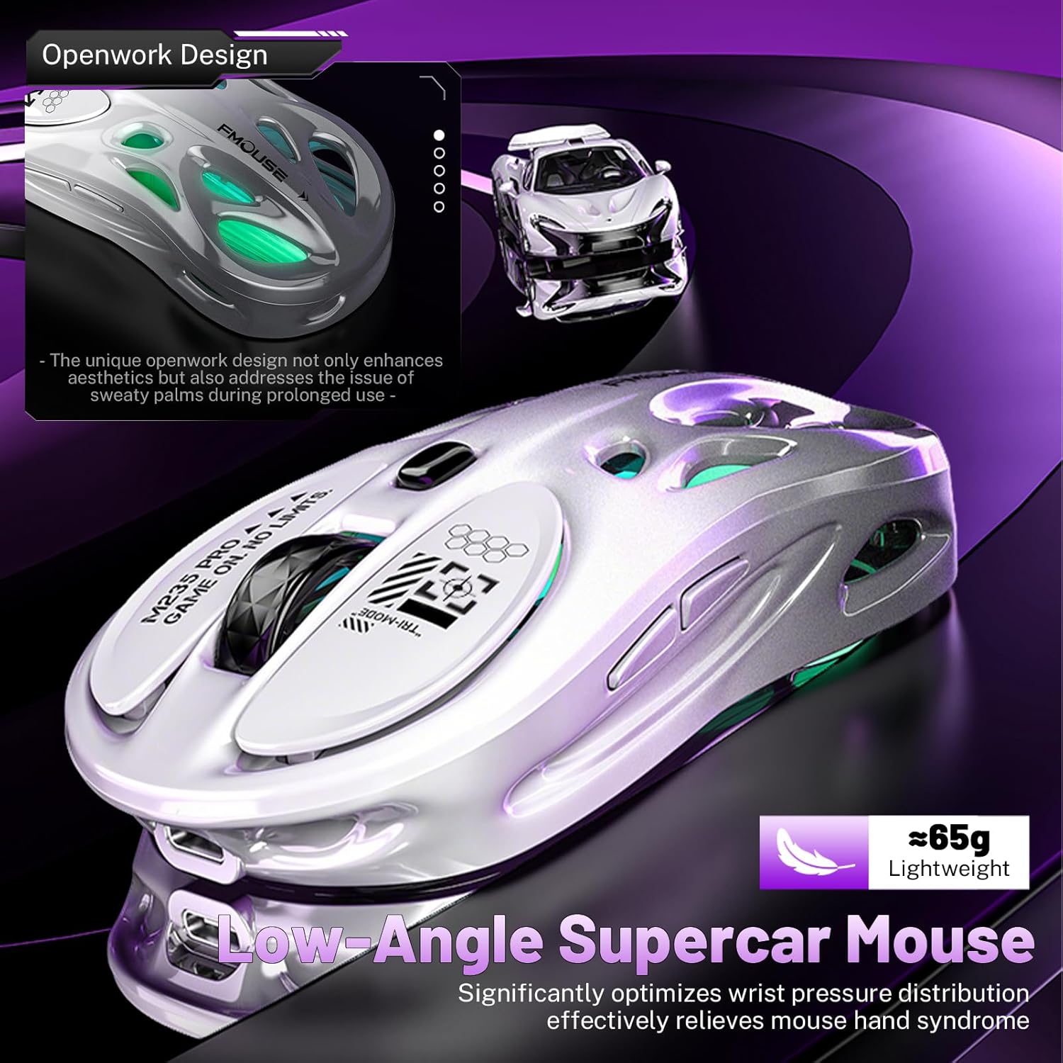 M235 Wireless Gaming Mouse, 65g Ultra-Lightweight, Hollowed-Out Sports Car Design, 4800 DPI, Tri-Mode (2.4G/BT/Wired), 8 Programmable Buttons, RGB Lighting, 1000Hz Polling Rate (Silver Frost)