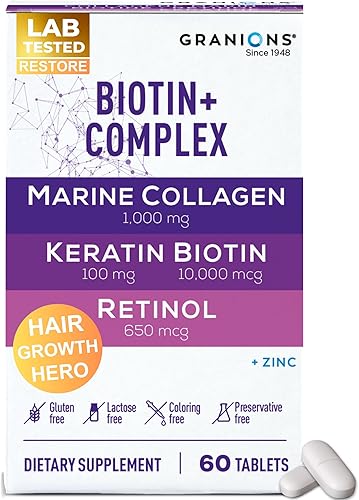 Comprimidos para el crecimiento del cabello con biotina y colágeno y queratina, biotina 10000 mcg, péptidos de colágeno marino, queratina, retinol,