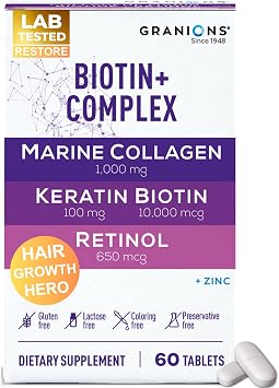 Biotin Collagen Keratin Supplement Hair Growth Tablets Biotin 10000mcg, Marine Collagen Peptides, Keratin, Retinol, Zinc, Vitamin B6 - Hair, Skin and Nails Complex for Women and Men - 60 Tablets