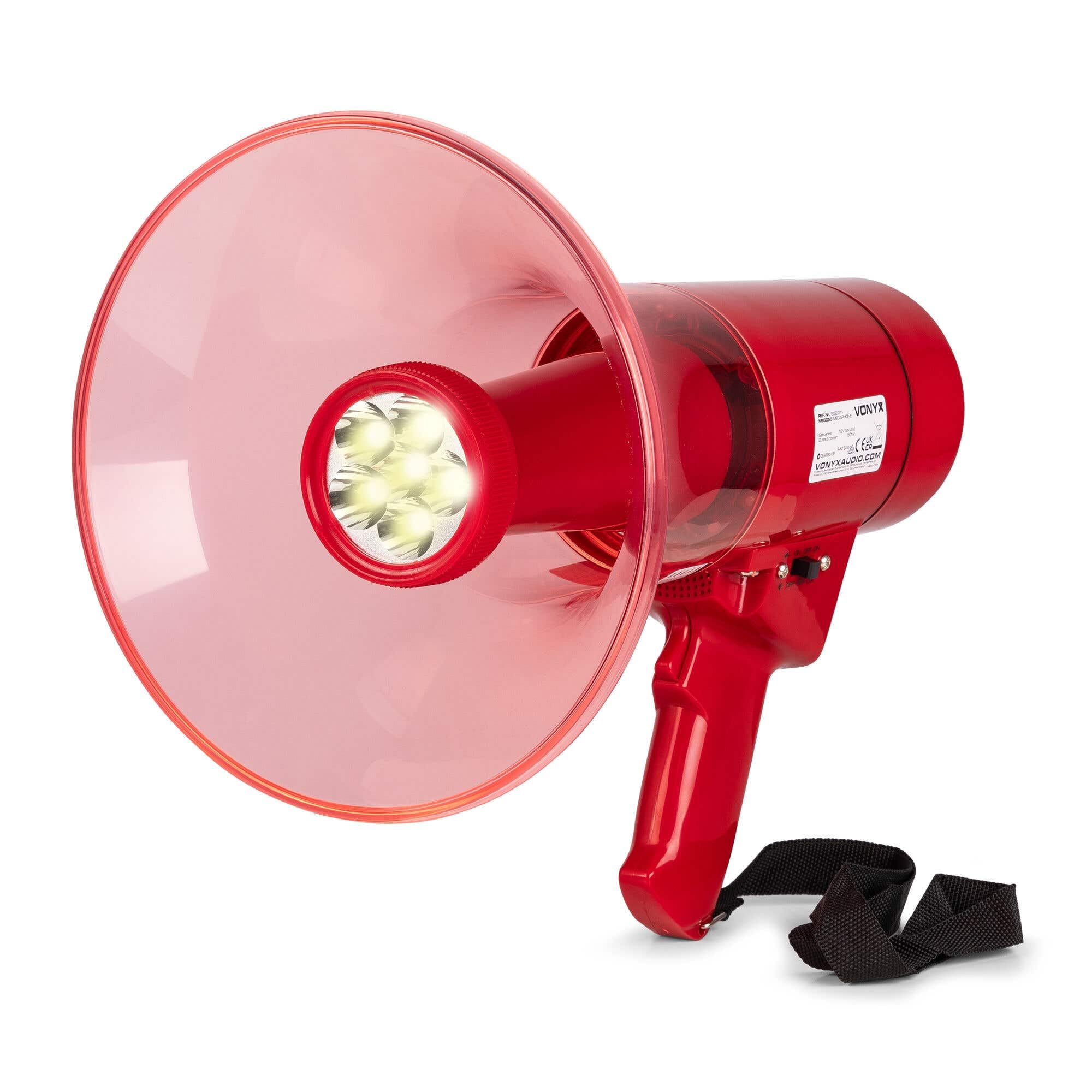 VONYX MEG050L - Megafono con torcia da 50 W, ideale per eventi e partite sportive fino a 1 km, Bluetooth e lettore MP3, maniglia con cinghia da polso, impermeabile