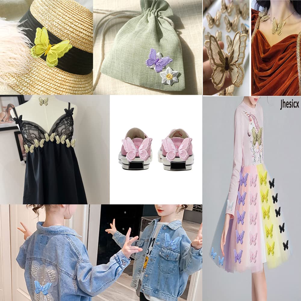 Jhesicx 10pcs Butterfly Lace Trim, 3D Double Layers Organza Patches Butterfly Lace Fabric Sewing Embroidery, DIY for Party, Wedding, Bridal, Women, Dress Decoration (Pink Butterfly)