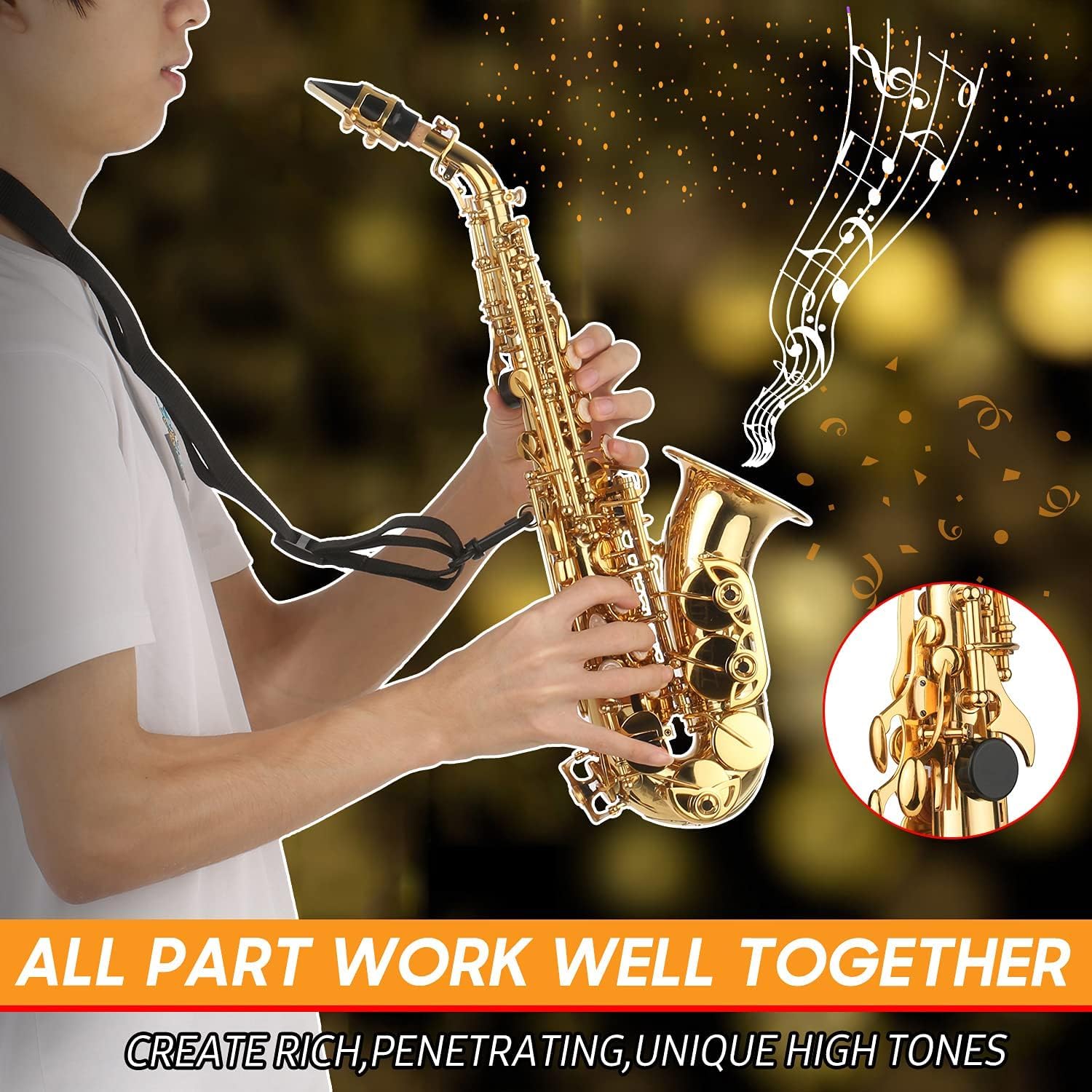 Sassofono, Sassofono Soprano in SIB Lacca Dorata Sax in Ottone con Custodia per Strumento Bocchino Tracolla Panno per Pulizia Spazzola per Musicisti Principianti
