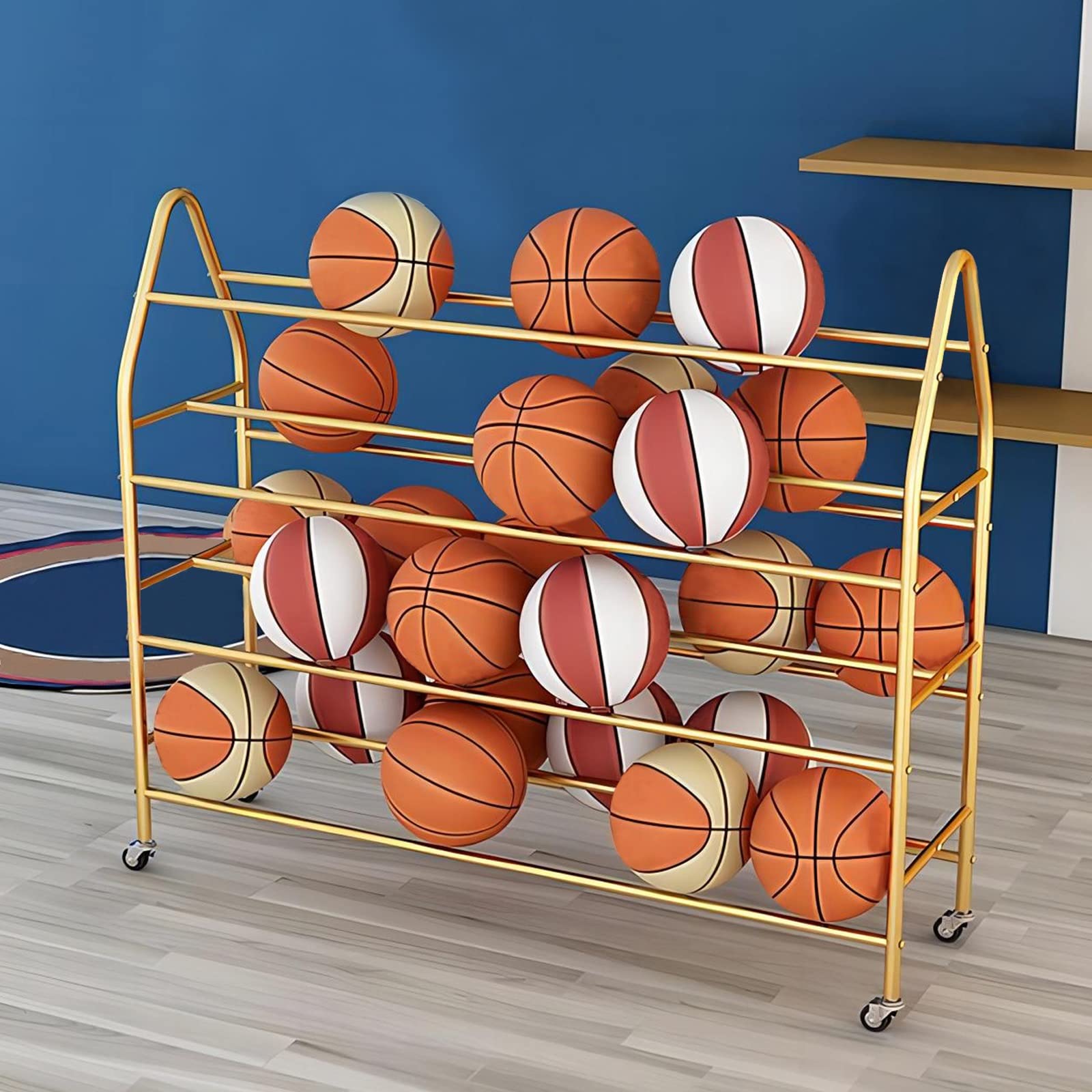 4-poziomowy wózek do przechowywania sprzętu sportowego i sprzętu do koszykówki, mobilny z kółkami, 123 cm, czarno-biały design, idealny do użytku domowego i na siłownię