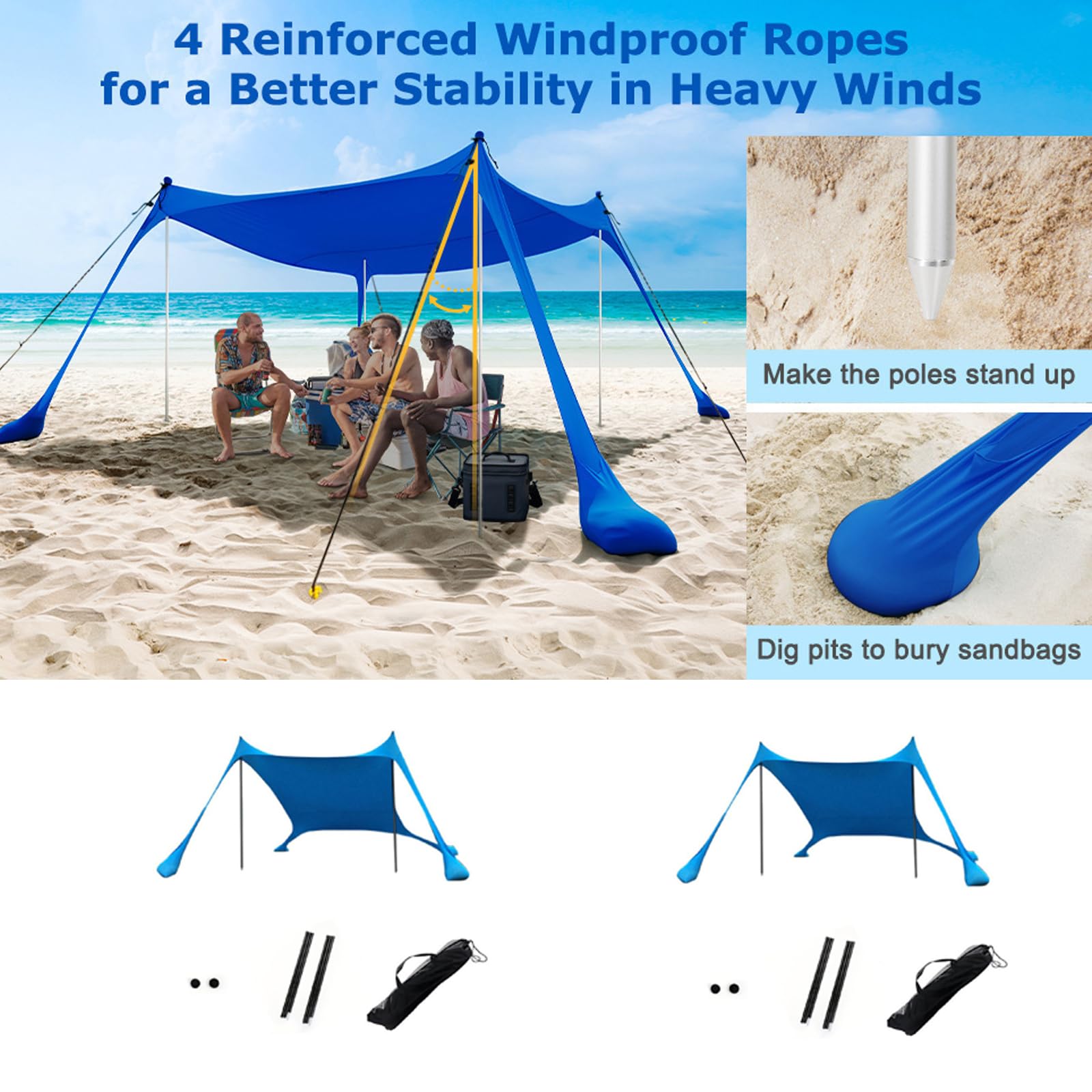 Set tenda parasole per uso in spiaggia, 300 x 300 x 200 cm, colore: blu