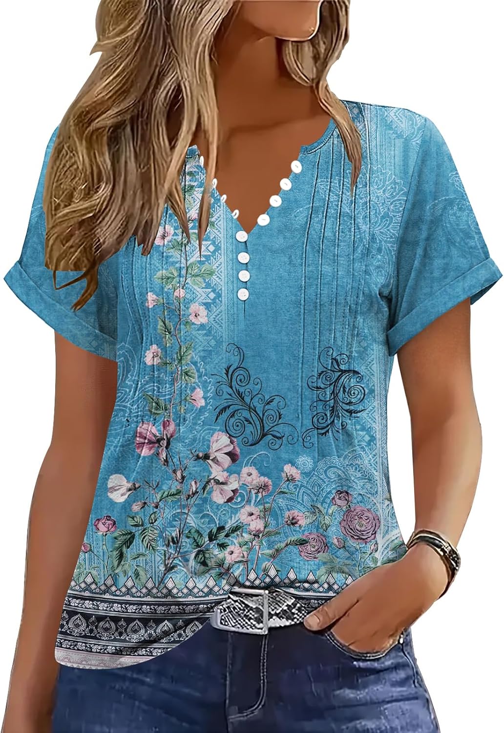 Soesdemo Short Sleeve Shirts for Women V Neck Button Down Floral Soft Boho Womens Blouses Casual Loose Fit Peasant Blouse