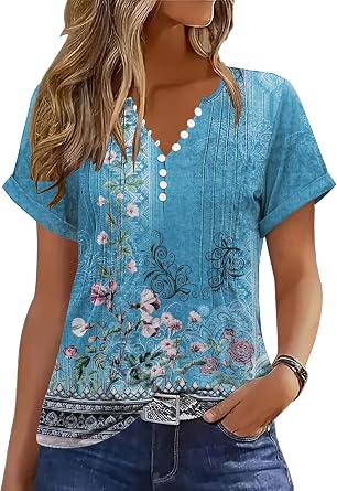 Soesdemo Short Sleeve Shirts for Women V Neck Button Down Floral Soft Boho Womens Blouses Casual Loose Fit Peasant Blouse