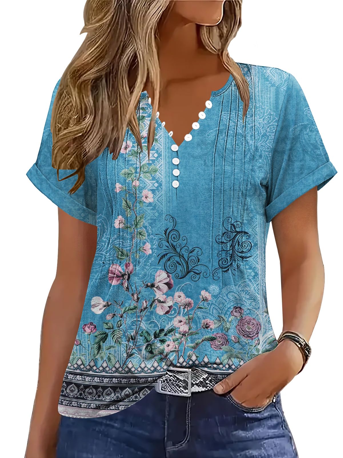 Soesdemo Short Sleeve Shirts for Women V Neck Button Down Floral Soft Boho Womens Blouses Casual Loose Fit Peasant Blouse