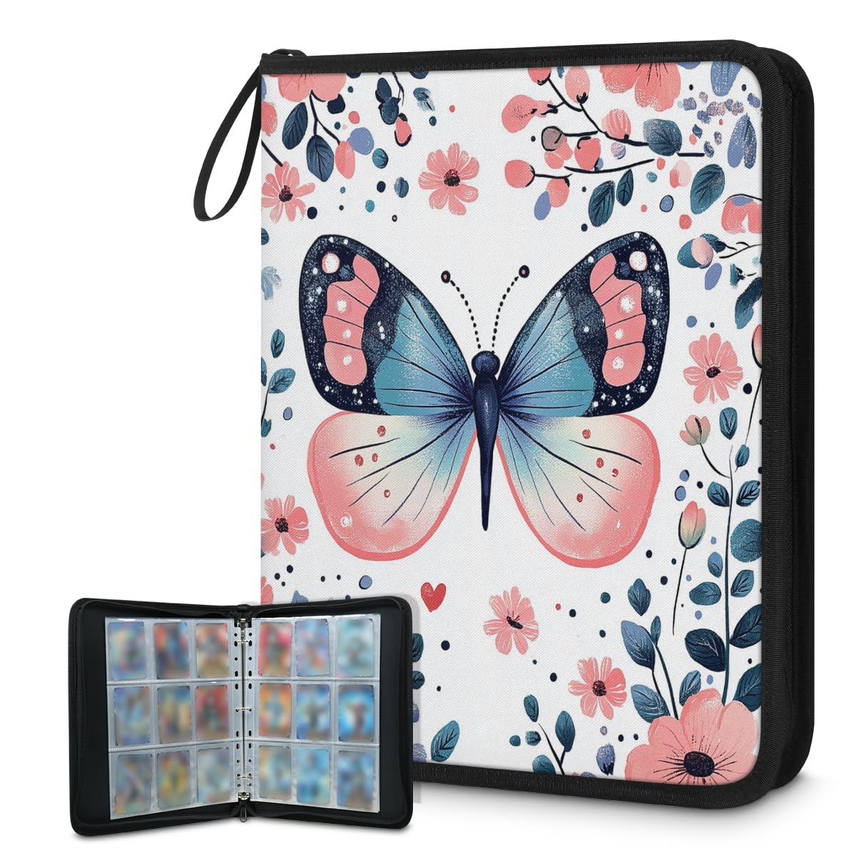 Raccoglitore per carte con 9 tasche, 900 tasche, con chiusura a cerniera (circondato da fiori e farfalle rosa)