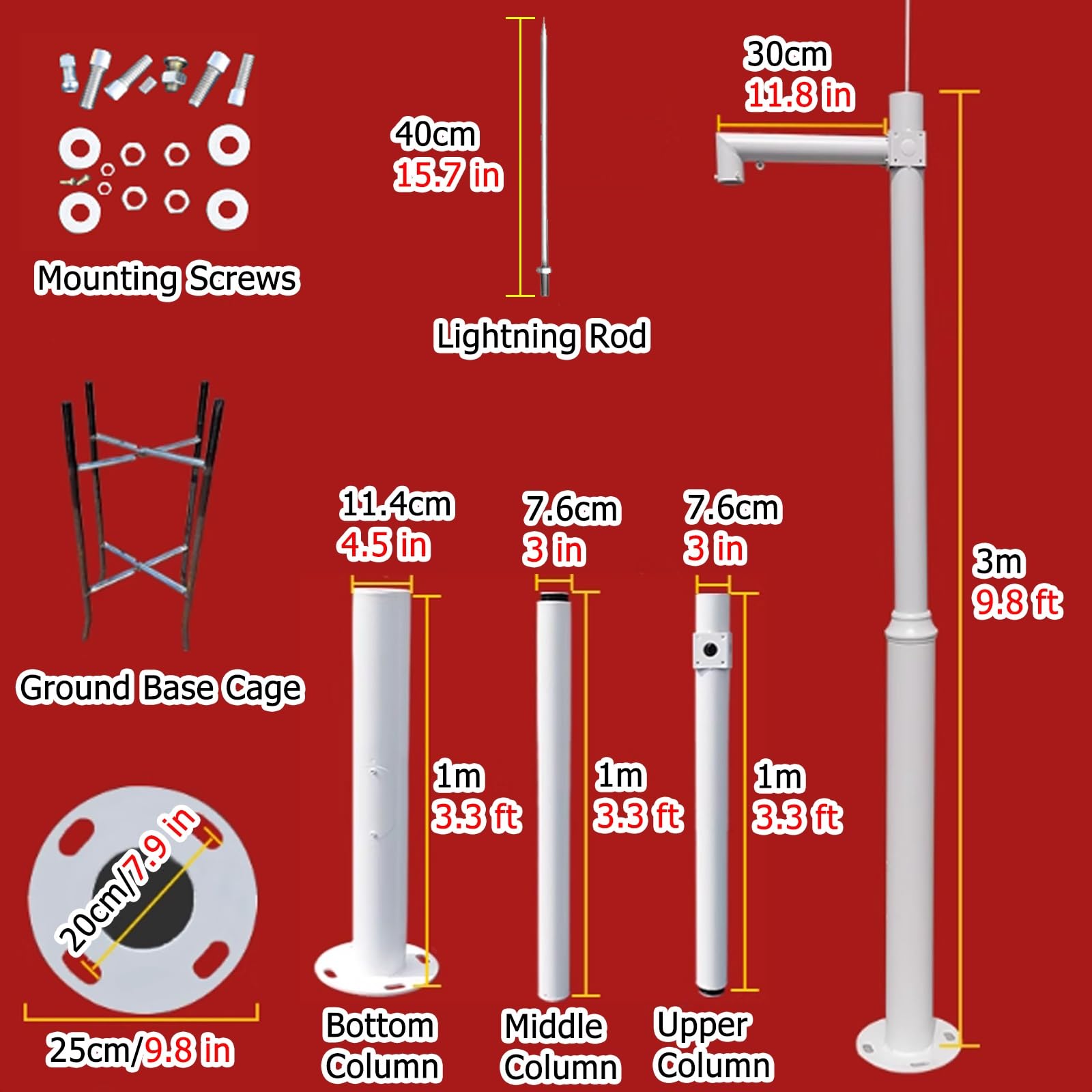 Pionowe, modułowe drążki montażowe do kamer bezpieczeństwa, dostępne w rozmiarach 7, 8, 10, 12, 13, 15, 16 i 20 m, bardzo długie drążki CCTV, odpowiednie do szkół/parkingów, uchwyt na drążek do