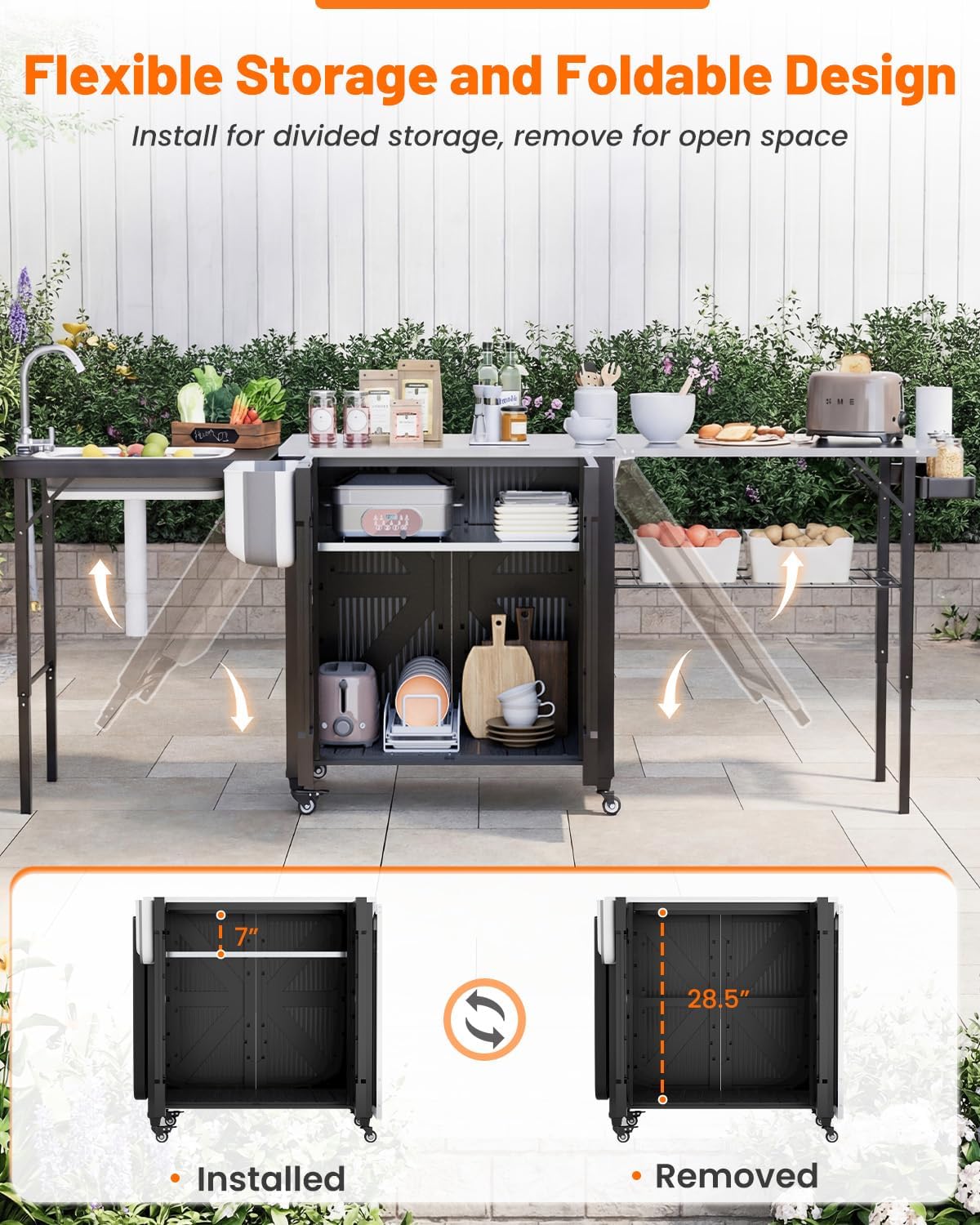 AECOJOY Outdoor Grill Cart Table with Sink, Portable Folding Kitchen Island with Storage Cabinet, Stainless Steel Prep Station for BBQ, Waterproof Cover Included