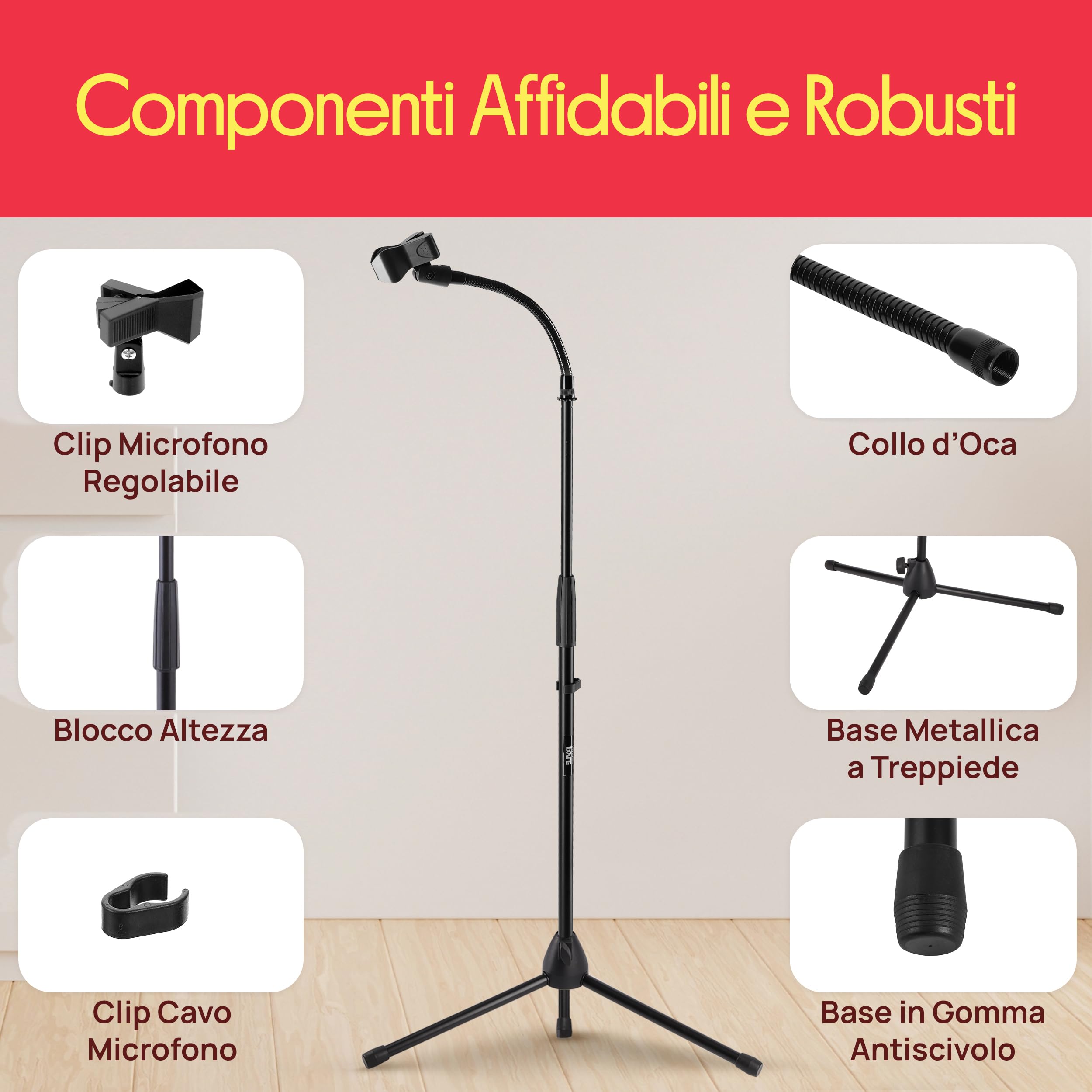 Pyle Asta Microfono, Supporto Microfono Treppiede Regolabile 133–201 cm, Base Antiscivolo, Clip Microfono e Adattatore 15,88 mm Inclusi