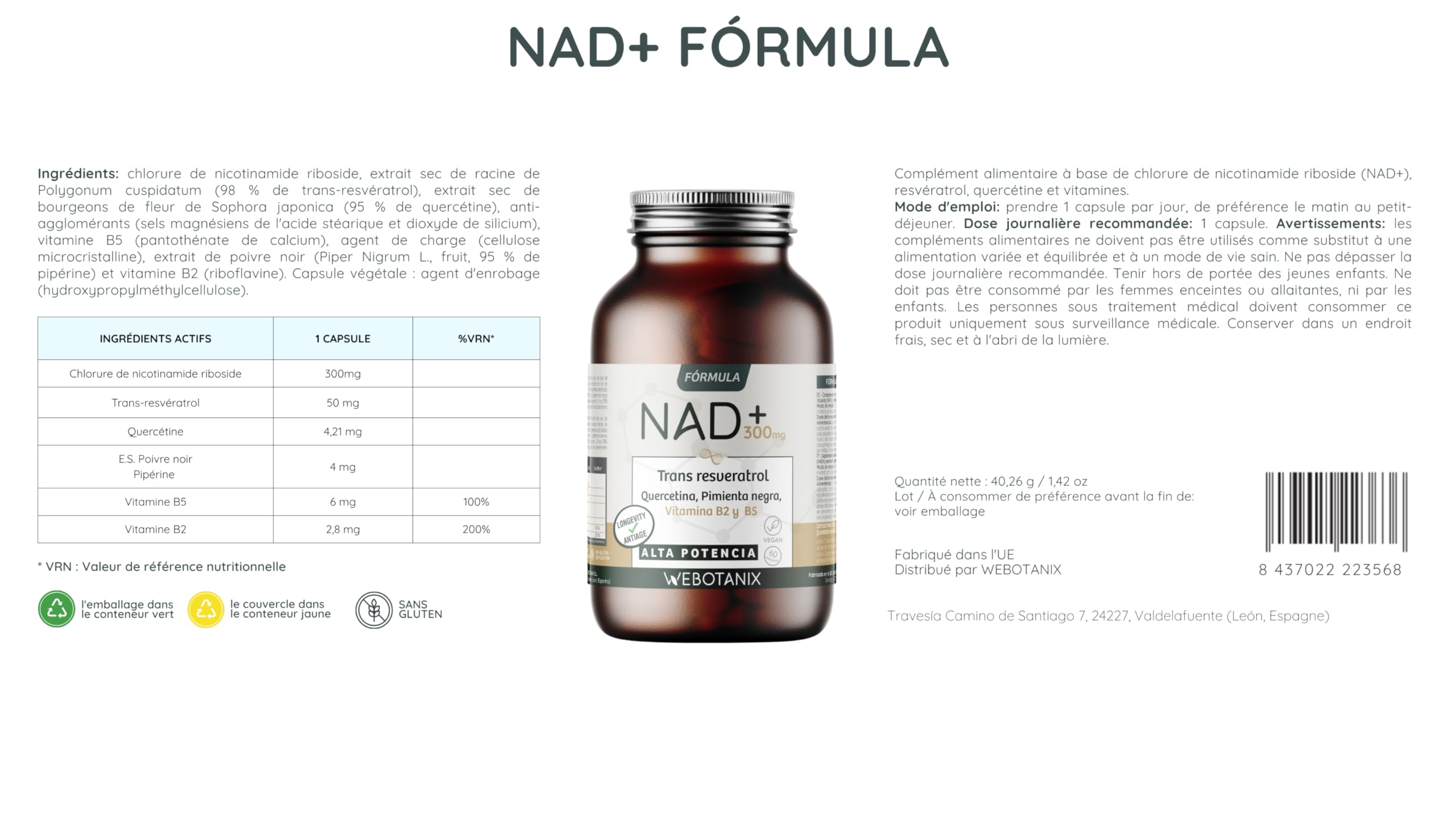 WeBotanix | Formule NAD+ avec Trans-Resvératrol et Quercétine | 60 Gélules | Avec Vitamines B2 et B5 + Pipérine | Énergie Cellulaire, Réparation et Longévité | Sans Gluten | Végan