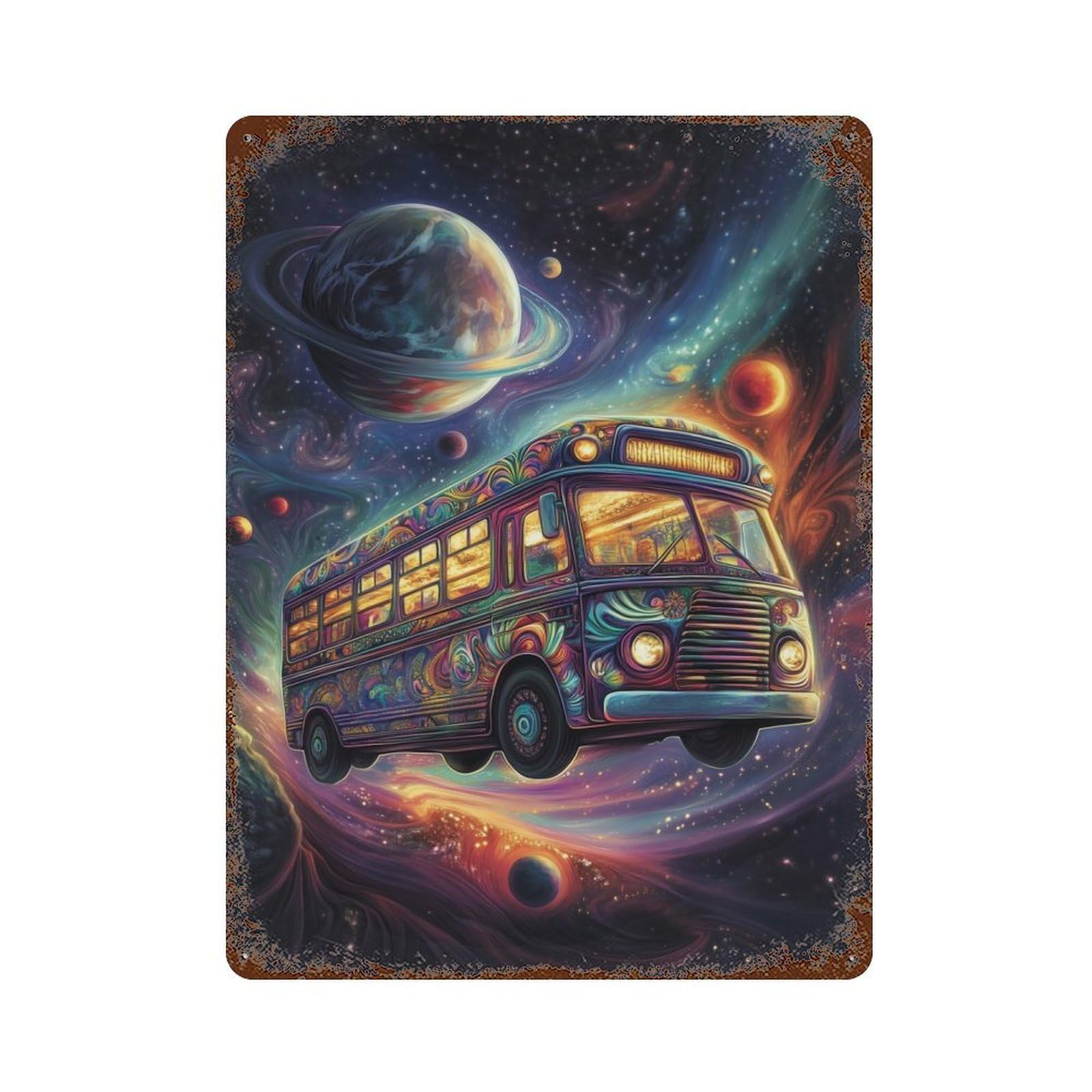Psychedelic Space Bus Rust Effect Tin Sign 15.7"x11.8", for Bistro, Counter And Cafe Decor, Shabby Chic Decor