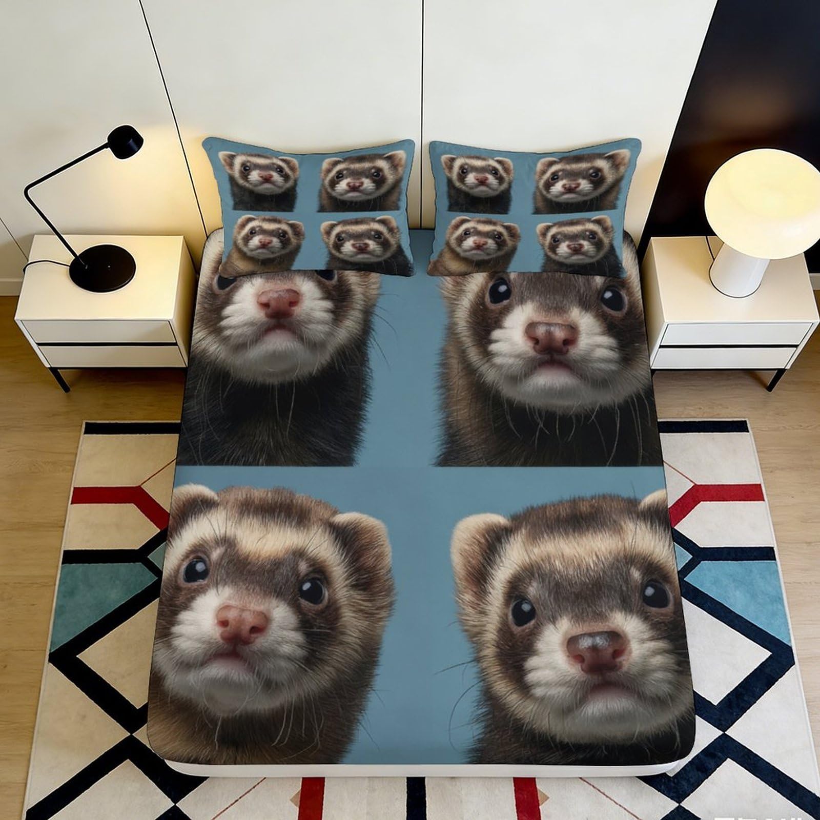 Pnayamiorkfel Style-8 3D Printed Ferret Portrait Fitted Sheet Microfiber Soft Blue Animal Pattern Bed Cover For Bedroom Guest Room Decor 90X200x25cm