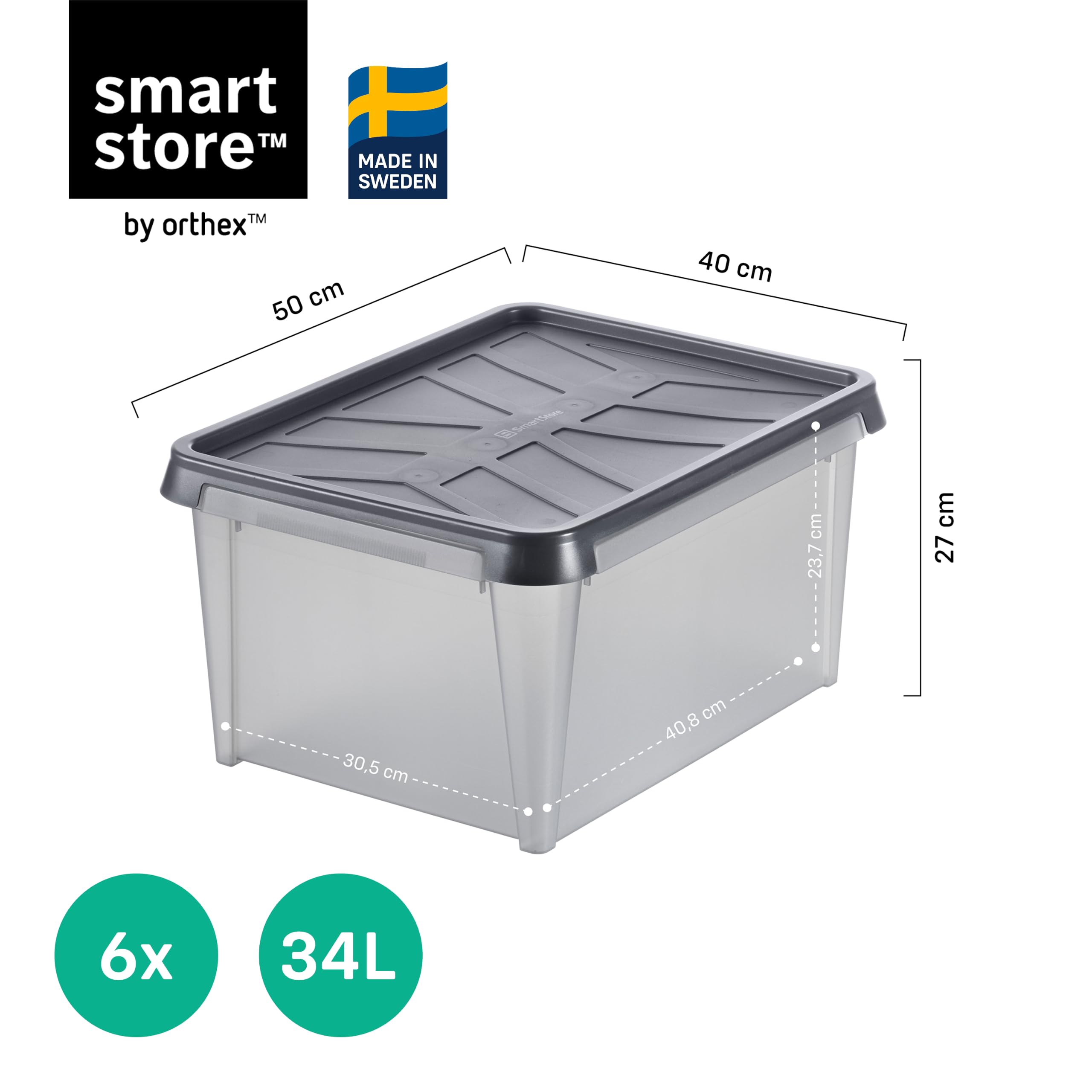 SmartStore Caja Almacenaje con Tapa 34 L I Pack 6 Cajas Apilables I 50 x 40 x 27 cm I Impermeable, Antipolvo I Garaje, Trastero, Sótano I Apta Alimentos I Made in Sweden 10 Años