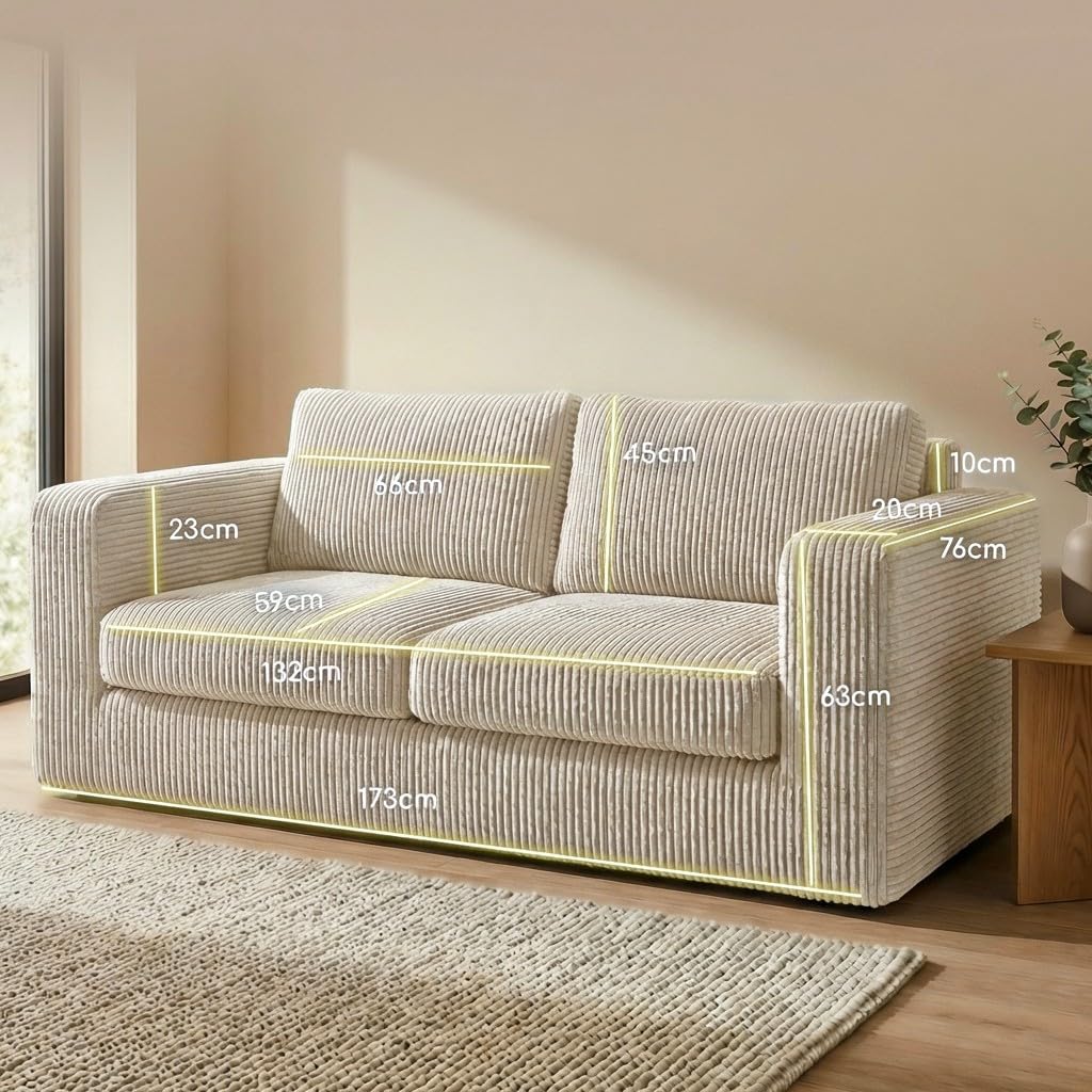 RUMMY 2-Sitzer Sofa aus Cord, kleines rahmenloses Sofa mit Cloud-Sofa-Komfort, hochelastischem Schaumstoff, Kompressionssofa und Bodensofa für Wohnzimmer, Elfenbeinweiß