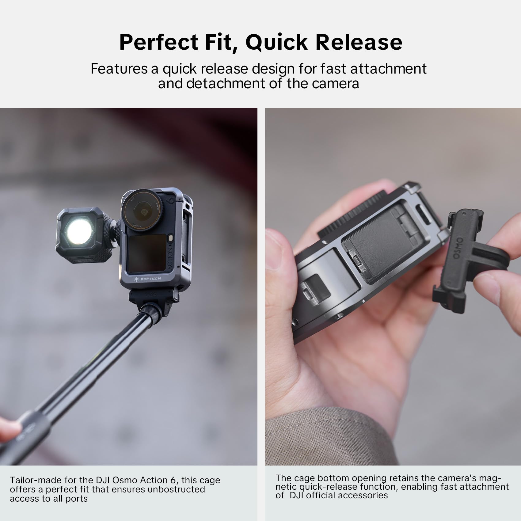 PGYTECH Caméra Cage pour DJI OSMO Action 6 Boîtier Alliage Aluminium Cadre de Protection avec Connecteur Magnétique à libération Rapide, Filetage Trou 1/4 Pouce pour Accessoires Lumière/Microphone
