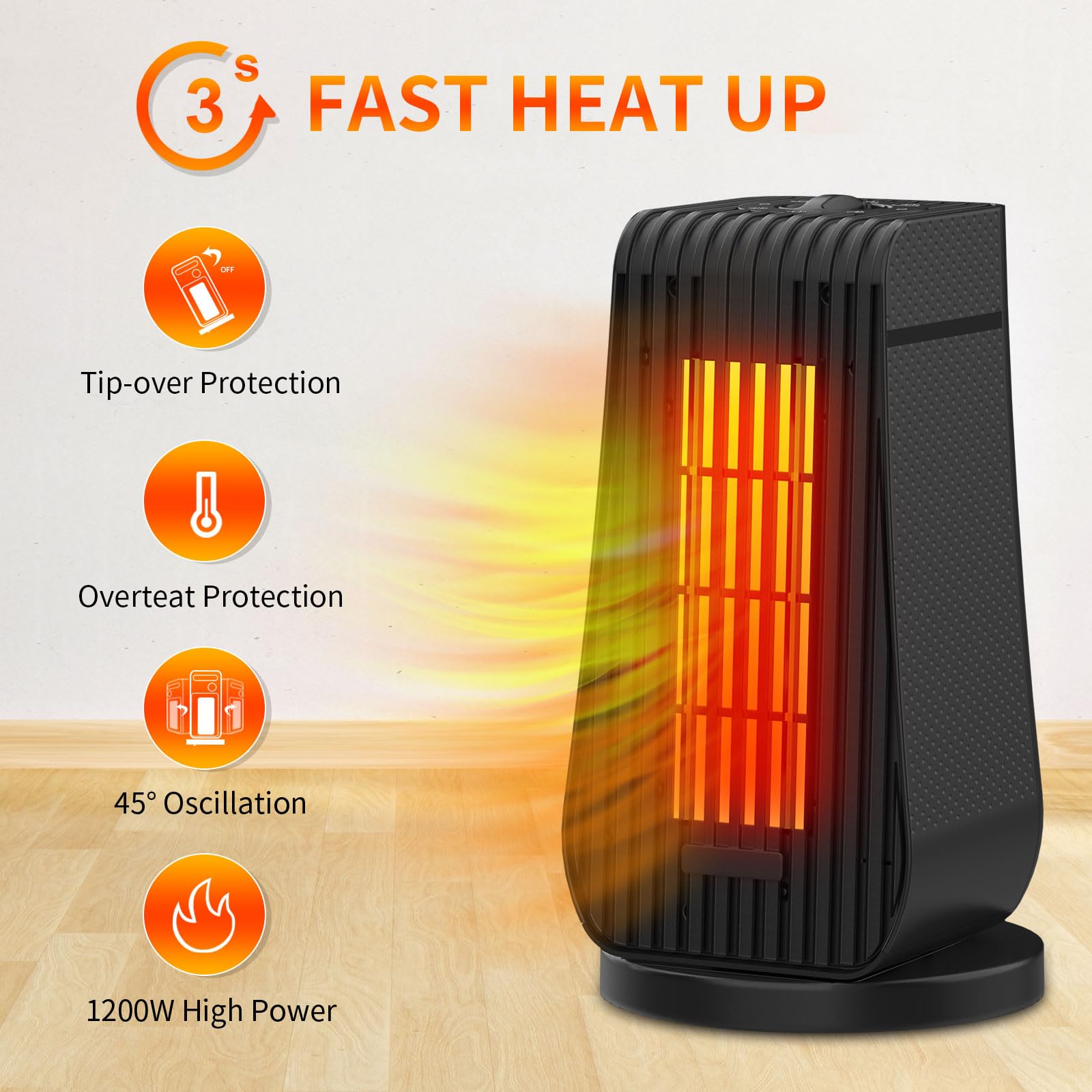 Qoosea Radiateur Soufflant Portatif 1200W 3s Chauffage Rapide PTC Mini Radiateurs 3 Modes de Chauffage Ventilateur Réglable Protection contre la Surchauffe Chauffage Électriques (Noir)