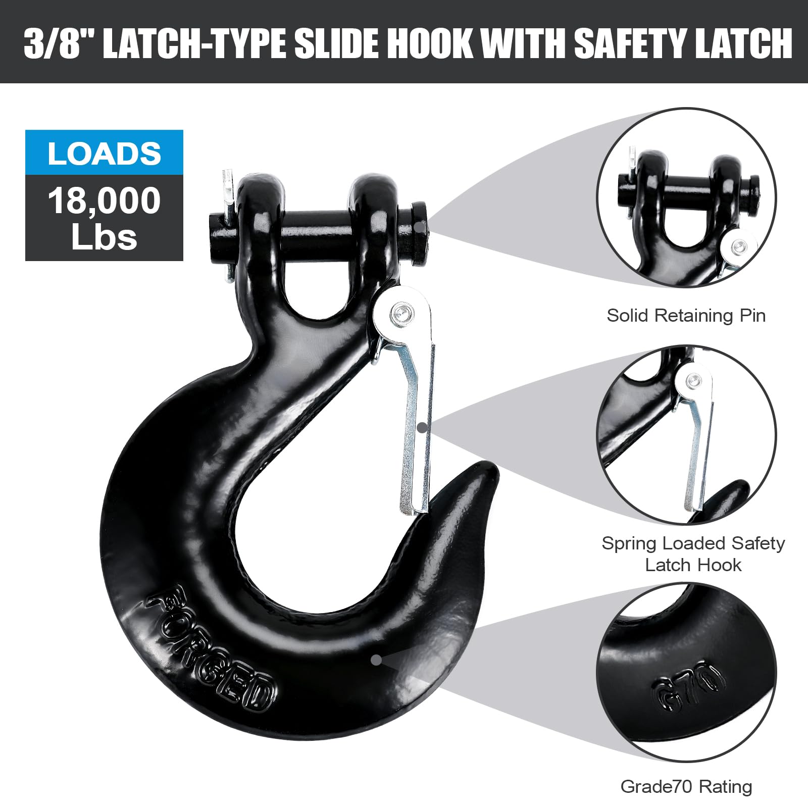 2Pack Clevis Slip Hook, 3/8 Inch Clevis Safety Hook With Safety Latch, Heavy - View #3