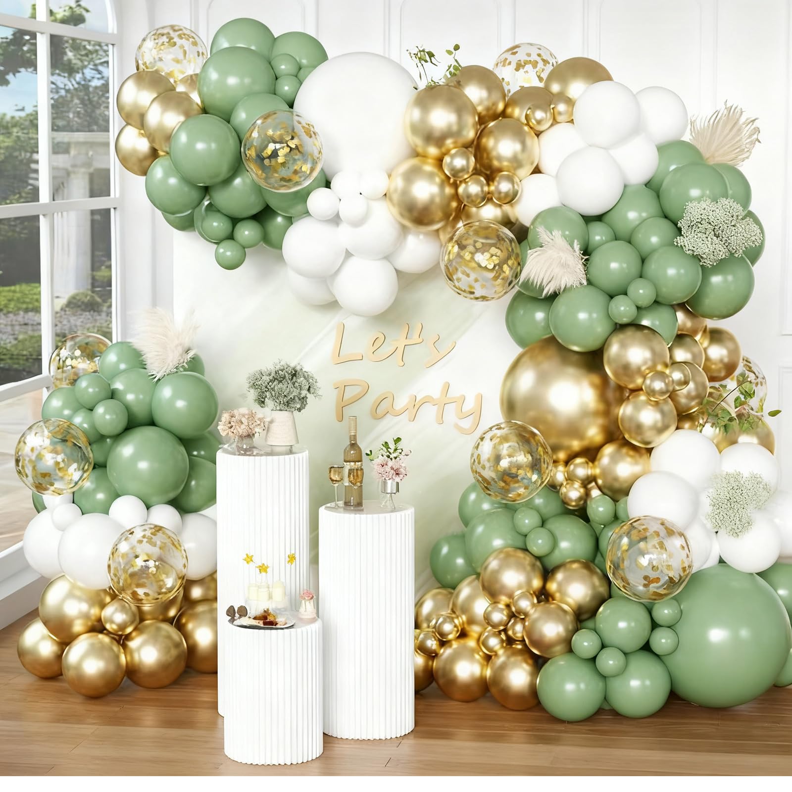Sage Green Balloons Arch Kit,148pcs 18/12/10/5inch Sage Green White Metallic Gold Confetti Balloons Garland for Birthday Baby Shower Gender Reveal