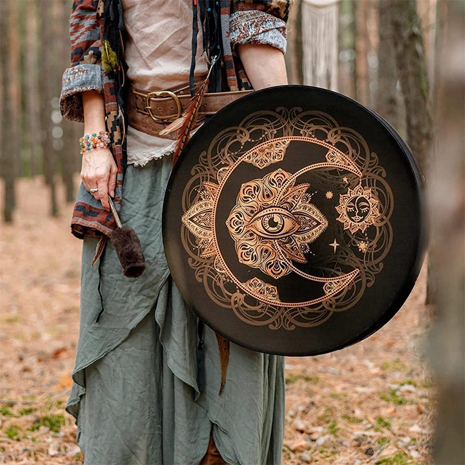 Tambour chamanique Fait à la Main, Tambour de Lune alchimique avec Symbole de la musique spirituelle du tambour sibérien