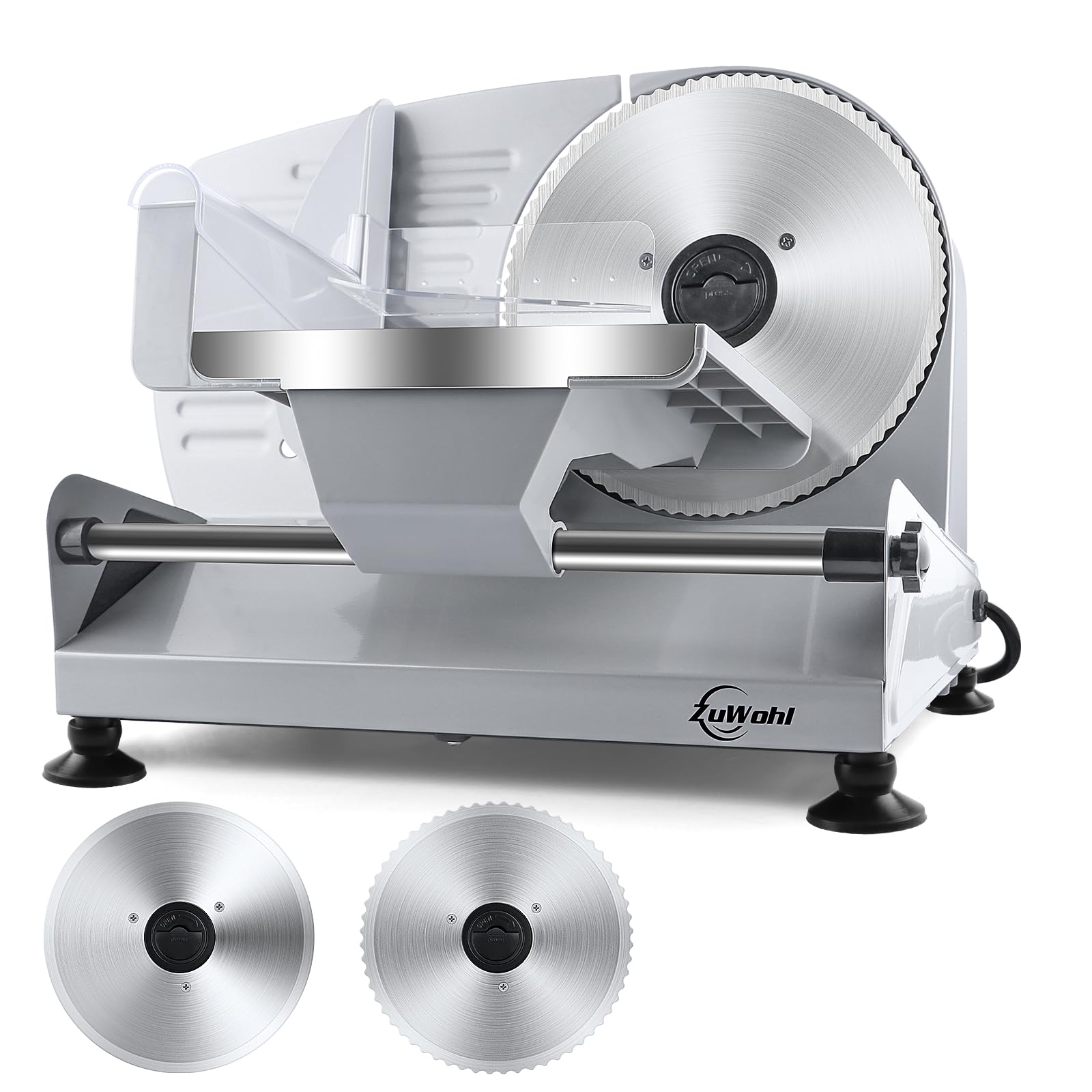 200Watt Elektrischer Allesschneider Edelstahl - Verstellbare Küchenmaschine 0 bis 15mm - 2 Klingen - Wurstschneidemaschine - Brotschneidemaschine, Schinkenschneider (200Watt+Silber+2Klingen)