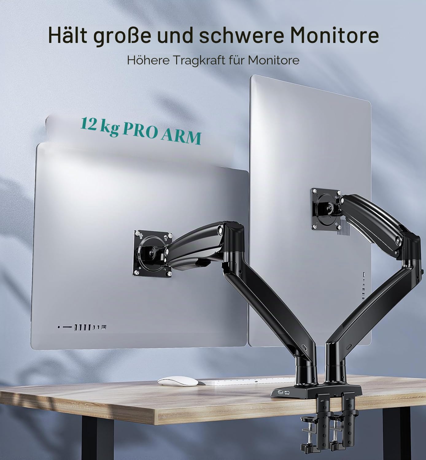 HUANUO Monitor Halterung 2 Monitore für 13-40 Zoll Bildschirme, Dual Monitor Arm, Gaming Monitorständer VESA 75 & 100 mm, C-Klemme und Tüllenbefestigung, Erhöhte Tragfähigkeit von 2-12 kg