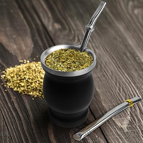 Miniatura 3 de Artcome Juego de 4 tazas de yerba mate de acero inoxidable  1 taza mate de acero inoxidable de doble pared de 8.5 onzas (negro), 2 bombillas (paja