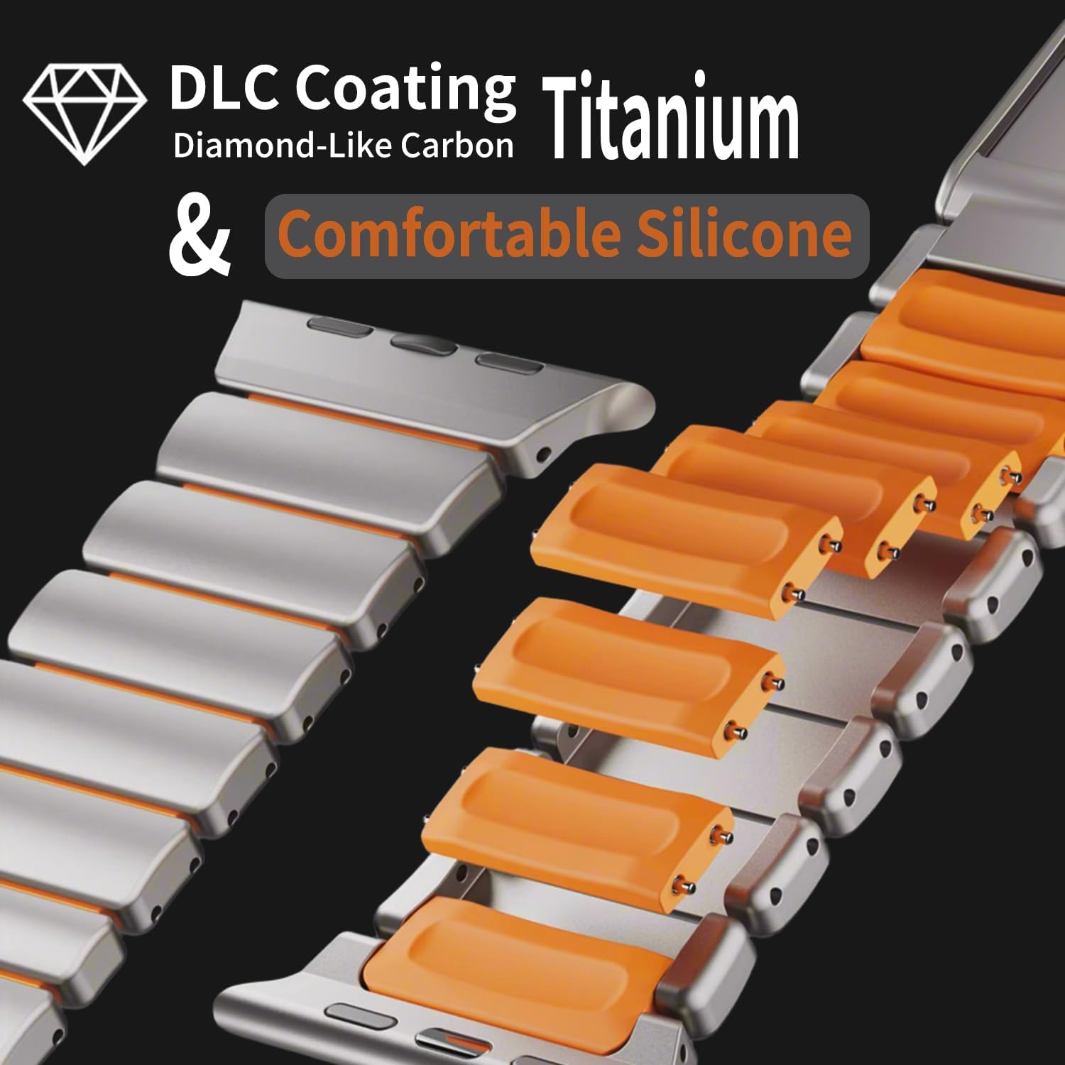 Titanium Band for Apple Watch - DLC-Coated Metal Strap with Silicon Lining,Magnetic Clasp Bracelet for iWatch Series 11/10/9/8/7, Ultra 3/2, SE 3/2 [2025] (46mm/45/44/49mm,Titanium/Orange)