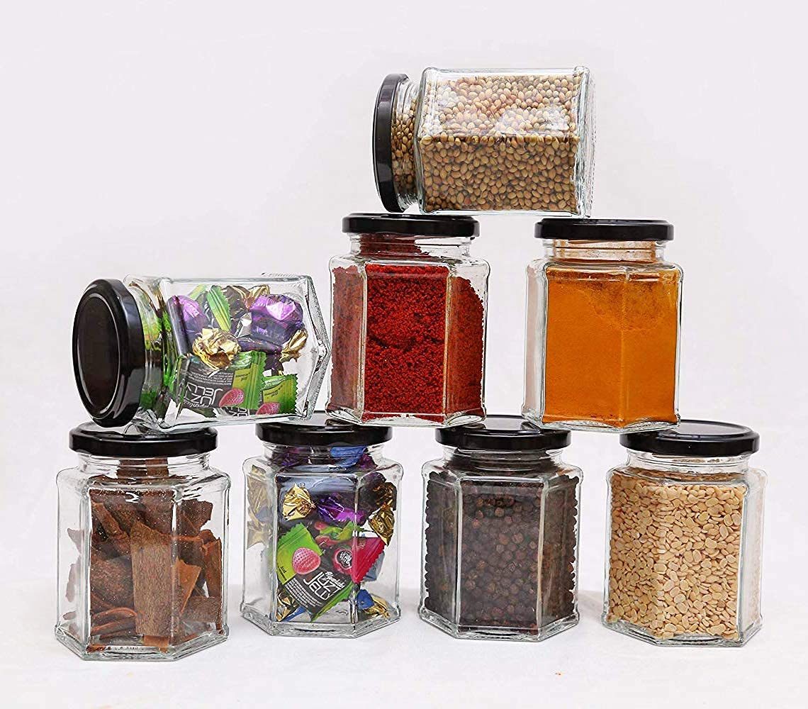 SITOVI Hexagon Glass Jar & Container with Rust Free Air Tight Lid, Suitable for Use in Your Home Office, Kitchen Storage/Glass Jar for Kitchen 250 ml (Black lid, 12)