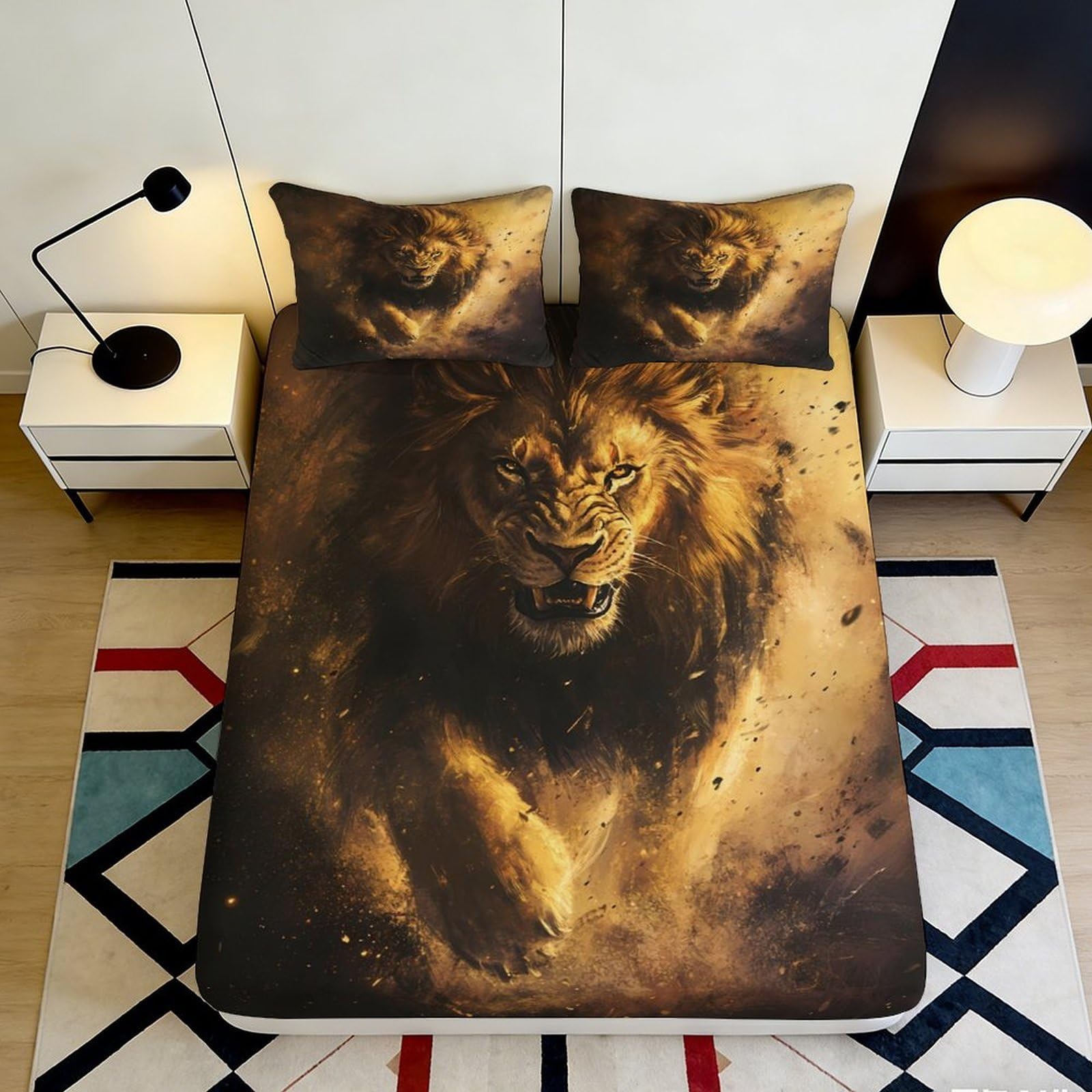 3D Printed Lion Pattern Fitted Sheet Microfiber Soft Durable 3D Printed Roaring Lion Mattress Cover for Bedroom Dormitory Guest Room Decoration 120x200x25cm