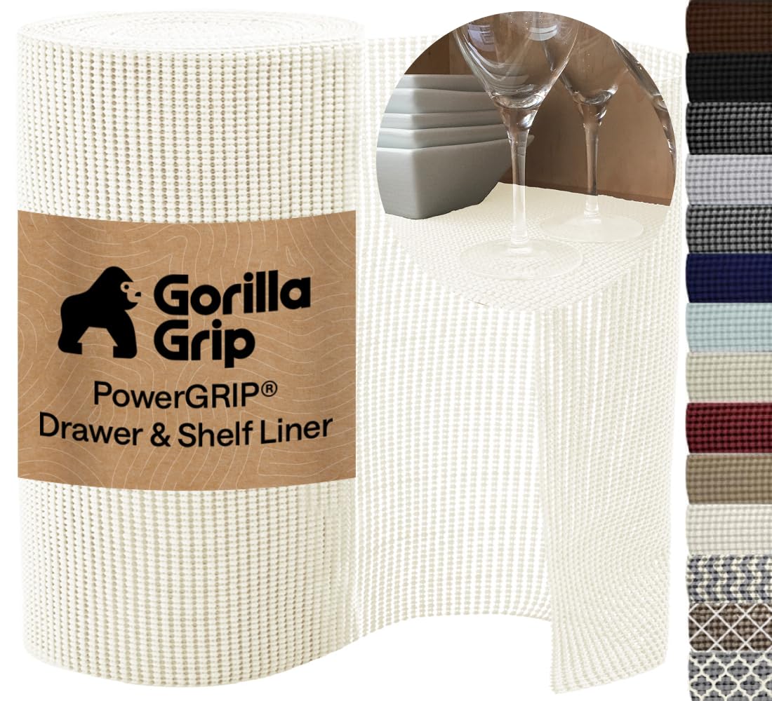 GORILLA GRIP powerGRIP Drawer Shelf and Cabinet Liner, Thick Strong Hold, Non-Adhesive Liners Protect Kitchen Cabinets and Cupboard, Bathroom Drawers, Easy Install, Breathable Mat, 17.5" x20', Cream โ image 1