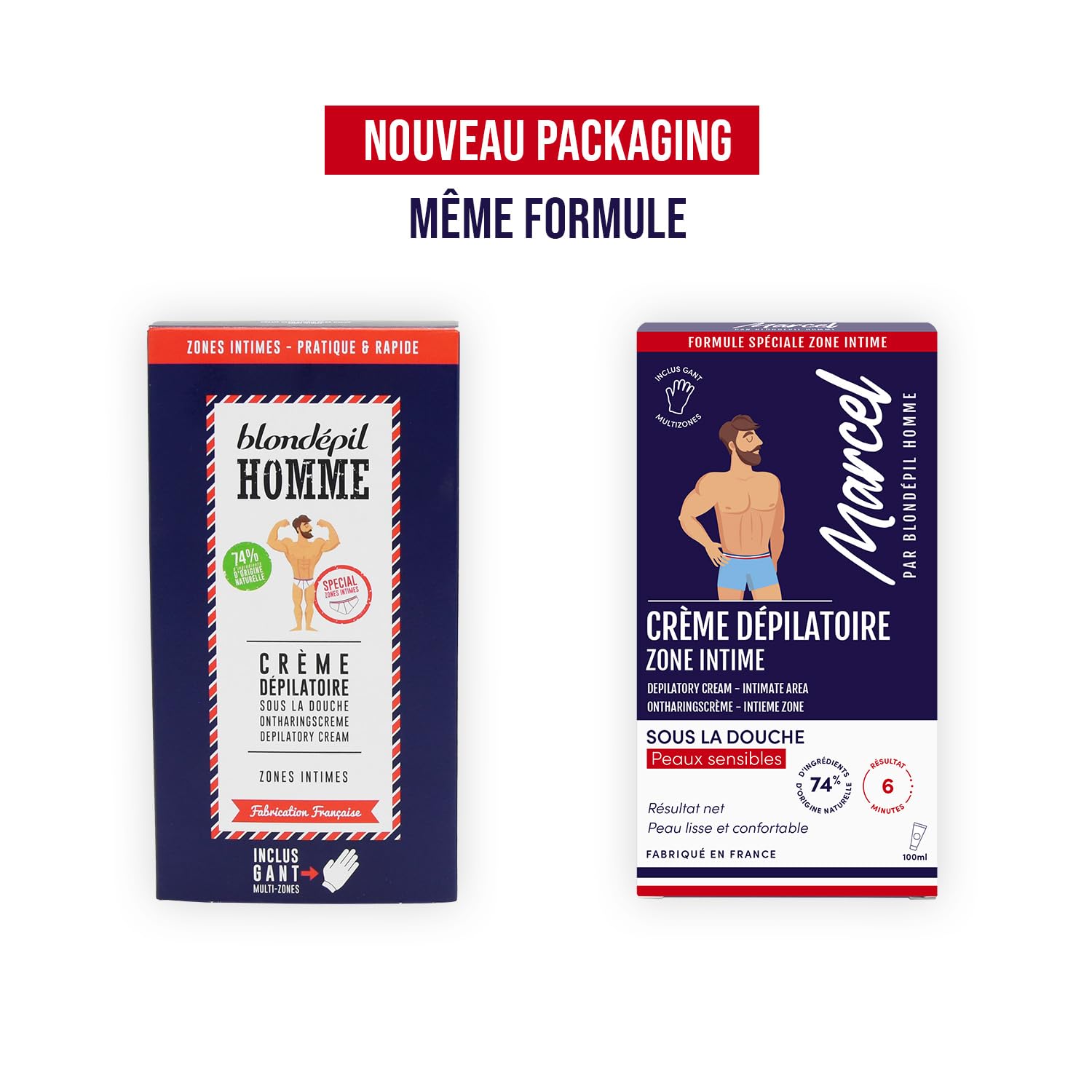 Marcel par Blondépil Homme - Lot de 5 (dont 1 offerte) - Creme depilatoire homme sous la douche, Zone Intime, Rapide et Efficace, Adaptée à tous les types de peaux, Made in France