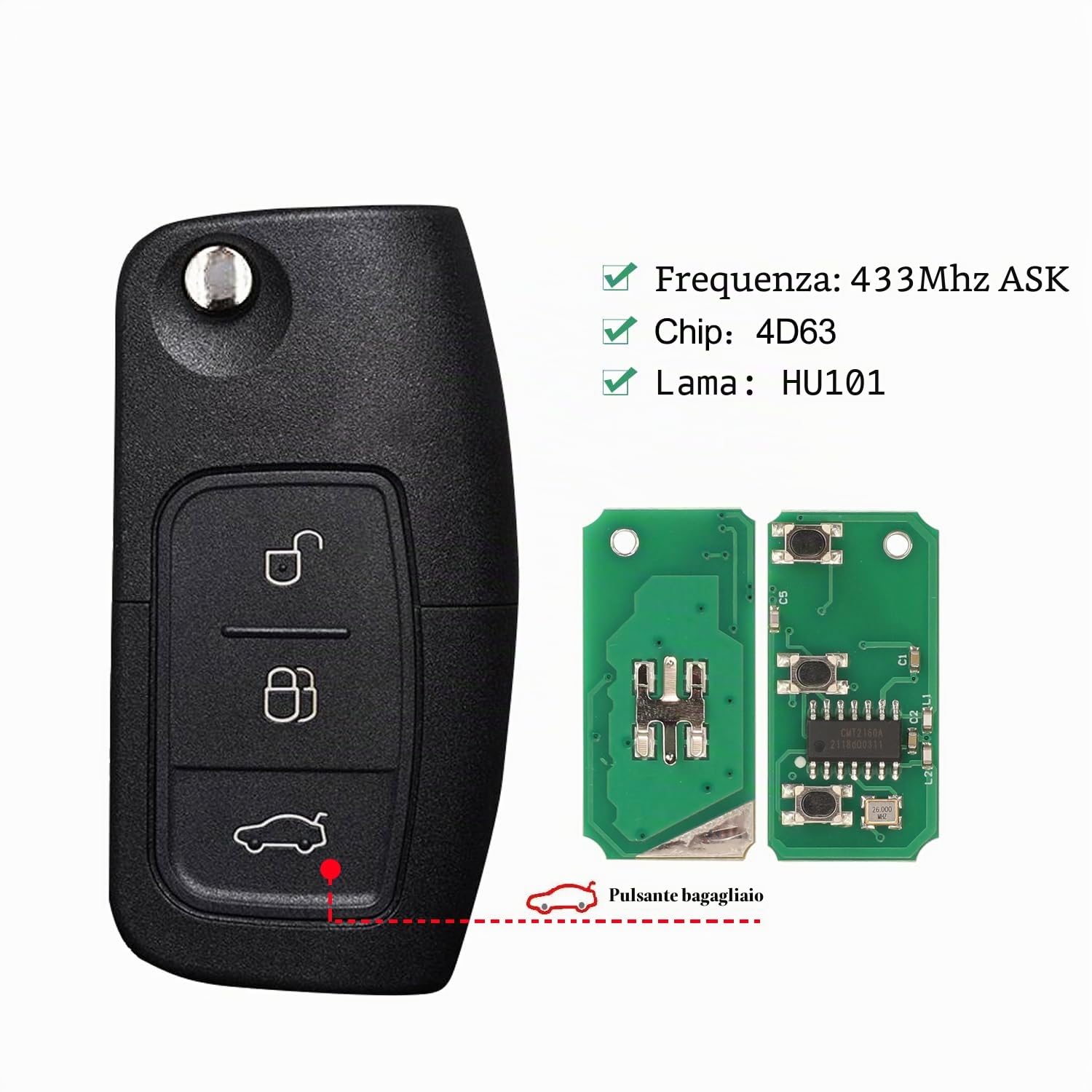 Heart Horse Guscio Chiave Telecomando 3 Tasti Pieghevole 433 MHz 4D63 per Fiesta Focus Mondeo MK4