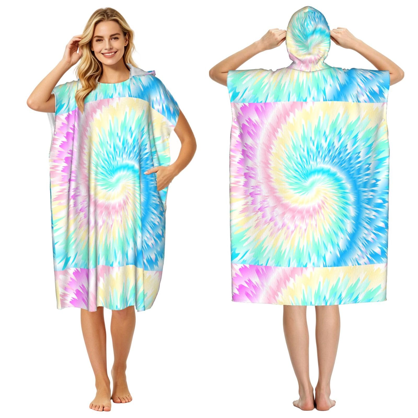 Poadnly Tie Dye, Adult Hooded Beach Towel 90 x 110 cm,Changing Bath Robe, Surf Poncho Towel For Women Men
