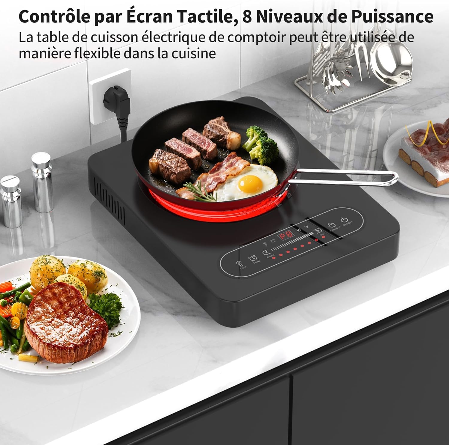 Plaque Vitrocéramique 1 Feu 2000W Tables de Cuisson Portable avec Minuterie 8 Niveaux de Puissance 220V-240V