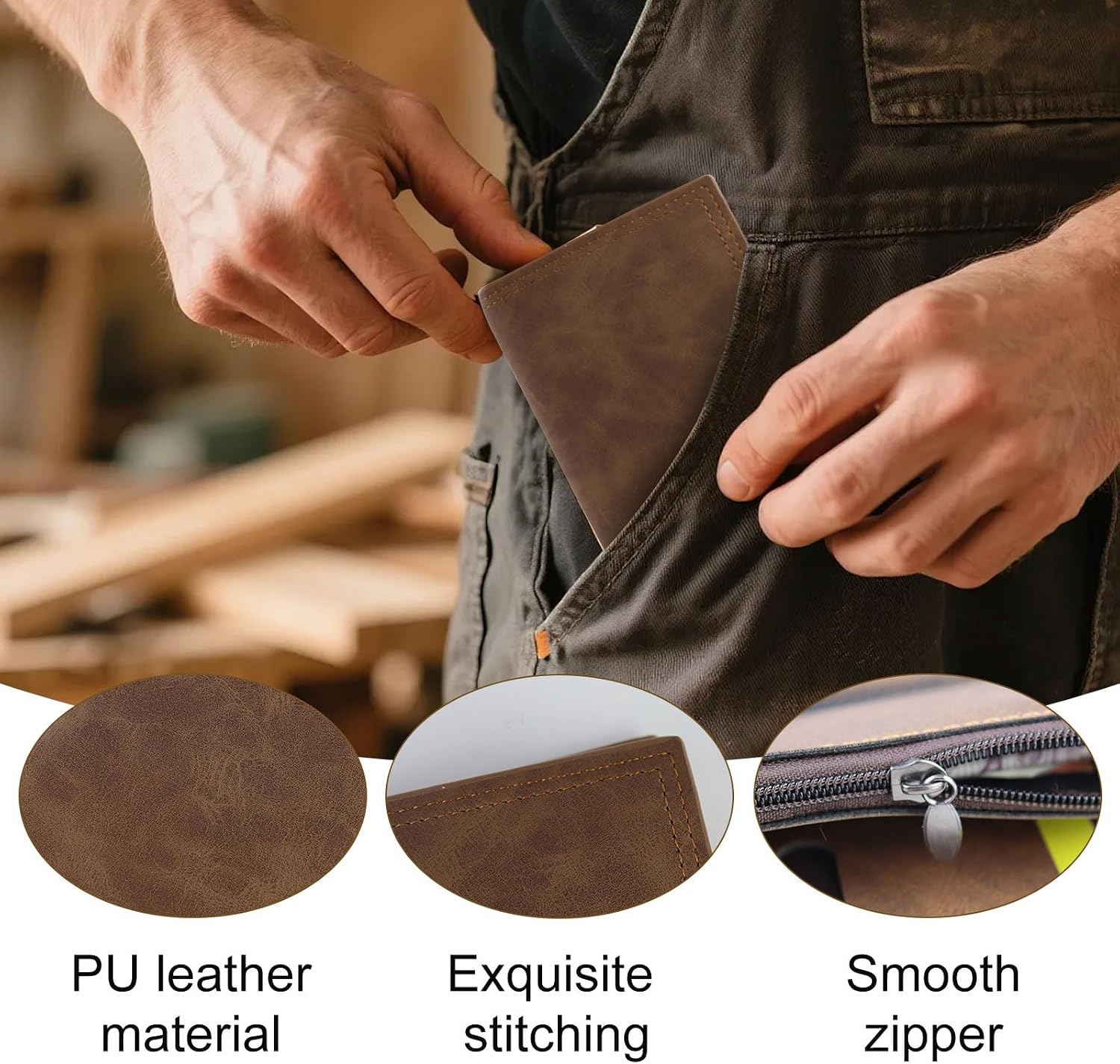 Men's PU Wallet with Zip Pocket, 12 Card Slots, ID Window, Large Capacity Card Wallet for Daily Use, Travel, black, L, Minimalist image 3
