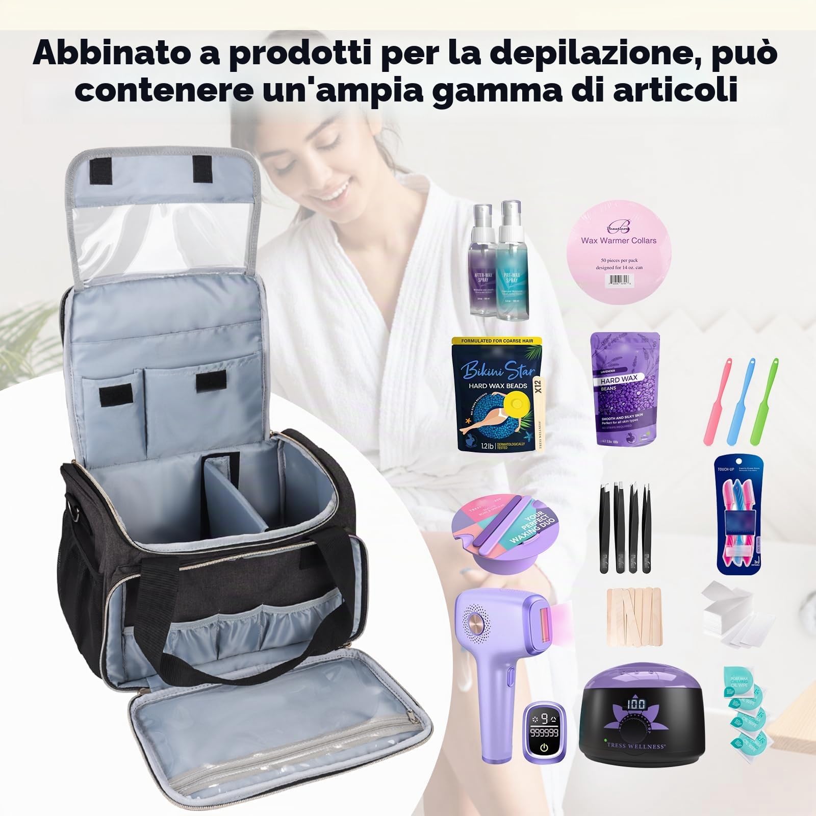 Borsa Portatutto Universale per Kit di Ceretta Compatibile con Tress Wellness - Organizer Portatile per Scaldacera, Fagioli di Cera, Spray Pre e Post Ceretta e Accessori - Solo Borsa (Grigio Elegante)