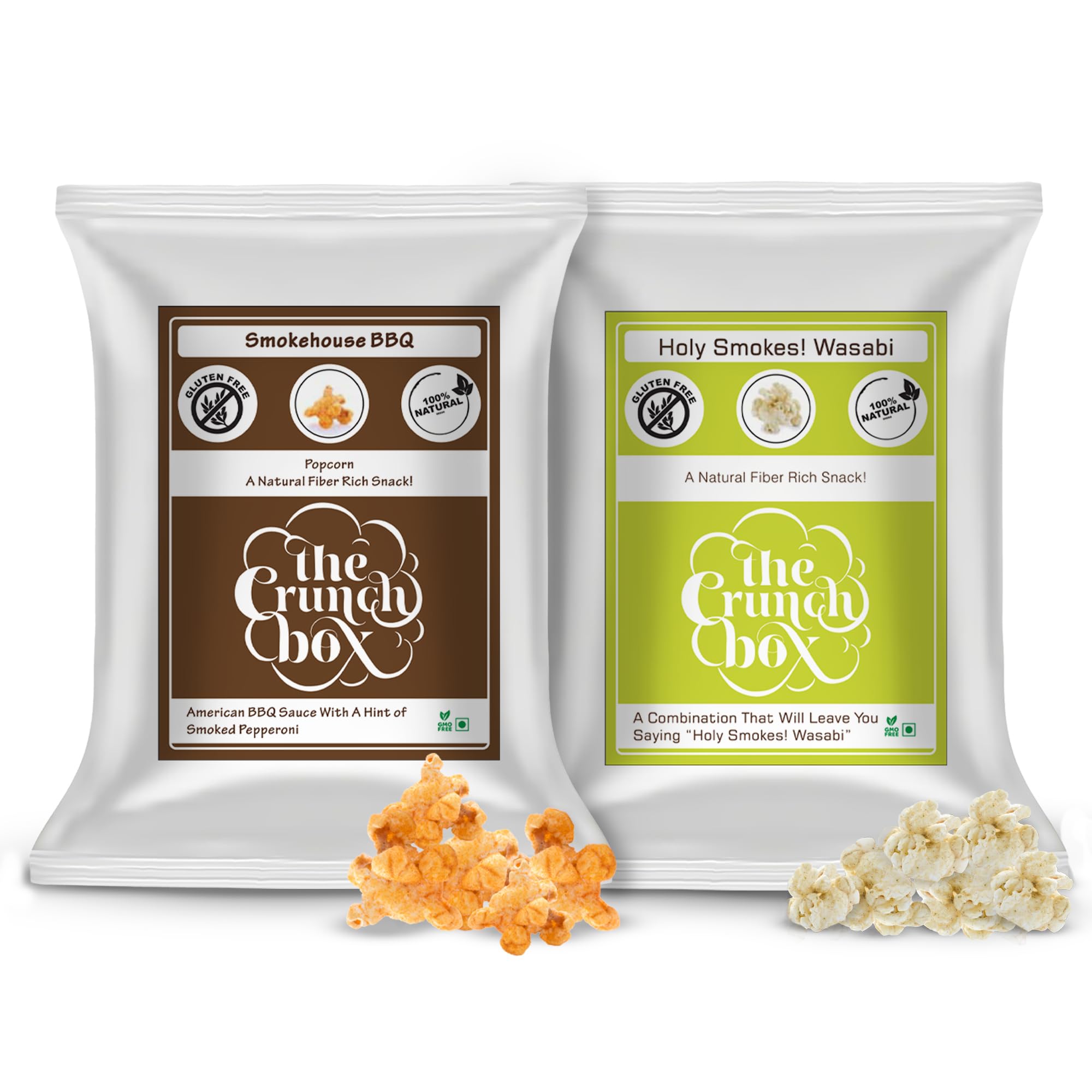 The Crunch Box presents | Holy Smoke Wasabi Popcorn (100Gms) & Smokehouse BBQ Popcorn (100Gms) | Combo Pack of 2 | 200gms | Value Gourmet Popcorn available for all Occassions and All Age Groups-image-25