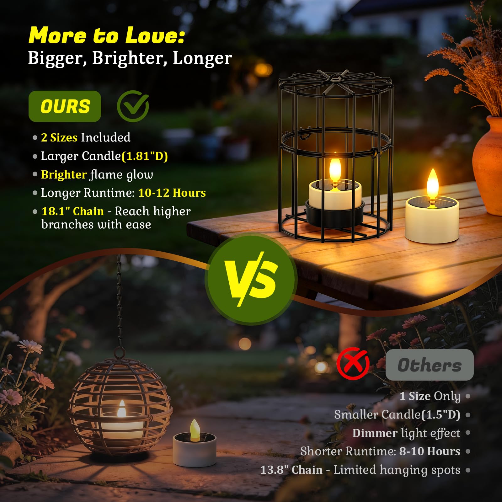PChero Set di 4 lanterne solari sospese per esterni, impermeabili, 2 grandi, 2 piccole lanterne rustiche in metallo con tremolante, candele solari per esterni, giardino, terrazza, balcone, decorazione