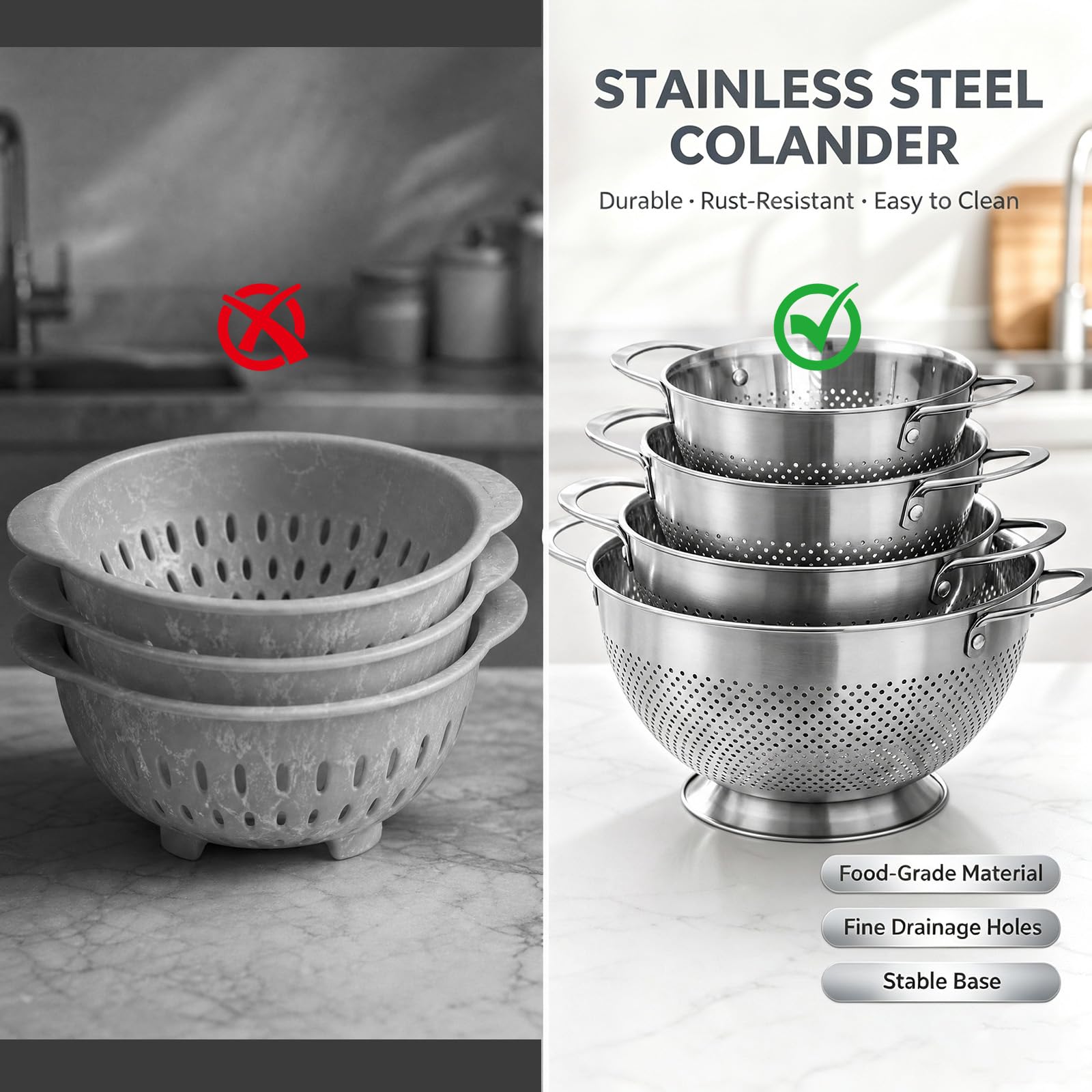 Colador, colador, colador, juego de 3 unidades con mango y base redonda, apilable, apto para lavavajillas, práctico colador de alimentos para pasta, frutas, arroz y verduras frescas (18+20+24+26)