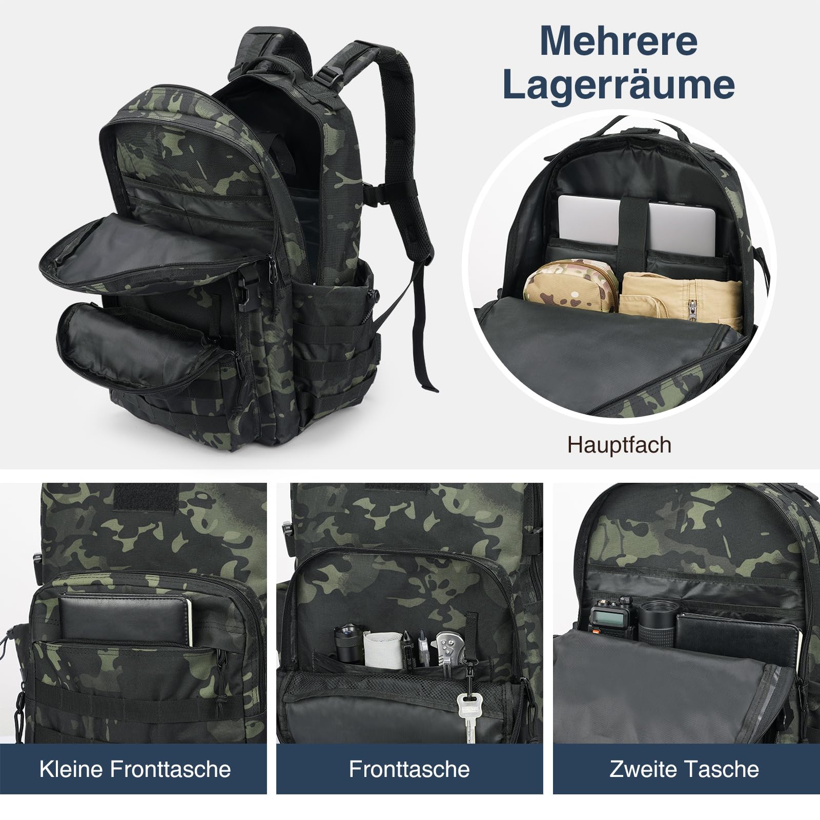 Taktischer Rucksack, 40 L Militär Outdoor Rucksack, großer Tagesrucksack für Herren und Frauen, Wanderrucksäcke mit Wasserflaschentasche