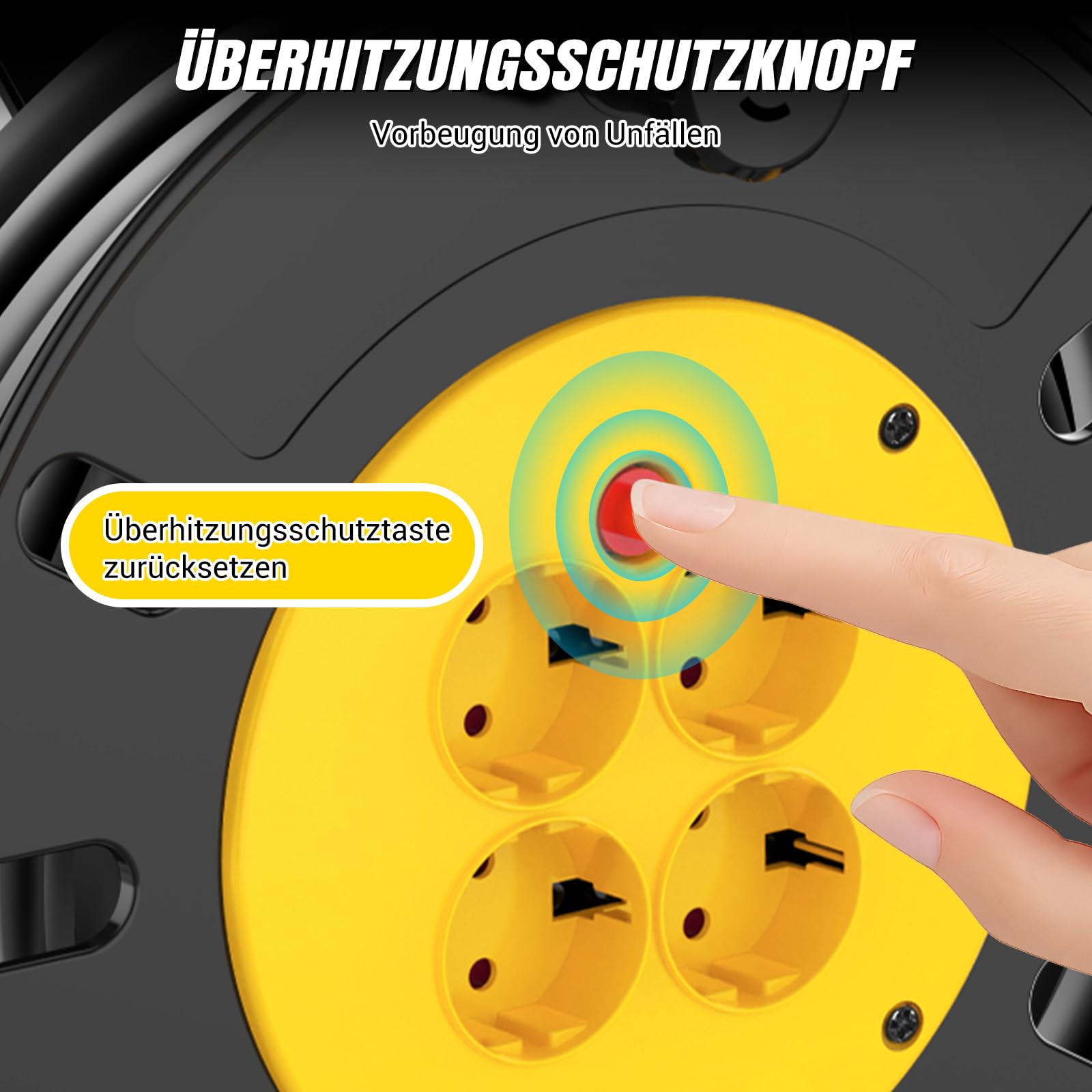 Kabeltrommel Verlängerungskabel 50m, Outdoor Steckdose mit 4 Steckdosen, Automatik Kabeltrommel Verlängerung, Werkstatt Kabelaufroller, Thermoschalter und Kabelhalter, Verlängerungskabel außen