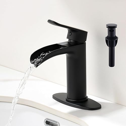 BRAVEBAR Grifo de baño de cascada negra, grifos de lavabo de baño de 4 pulgadas para 1 agujero, latón macizo, moderno grifo de tocador de una sola