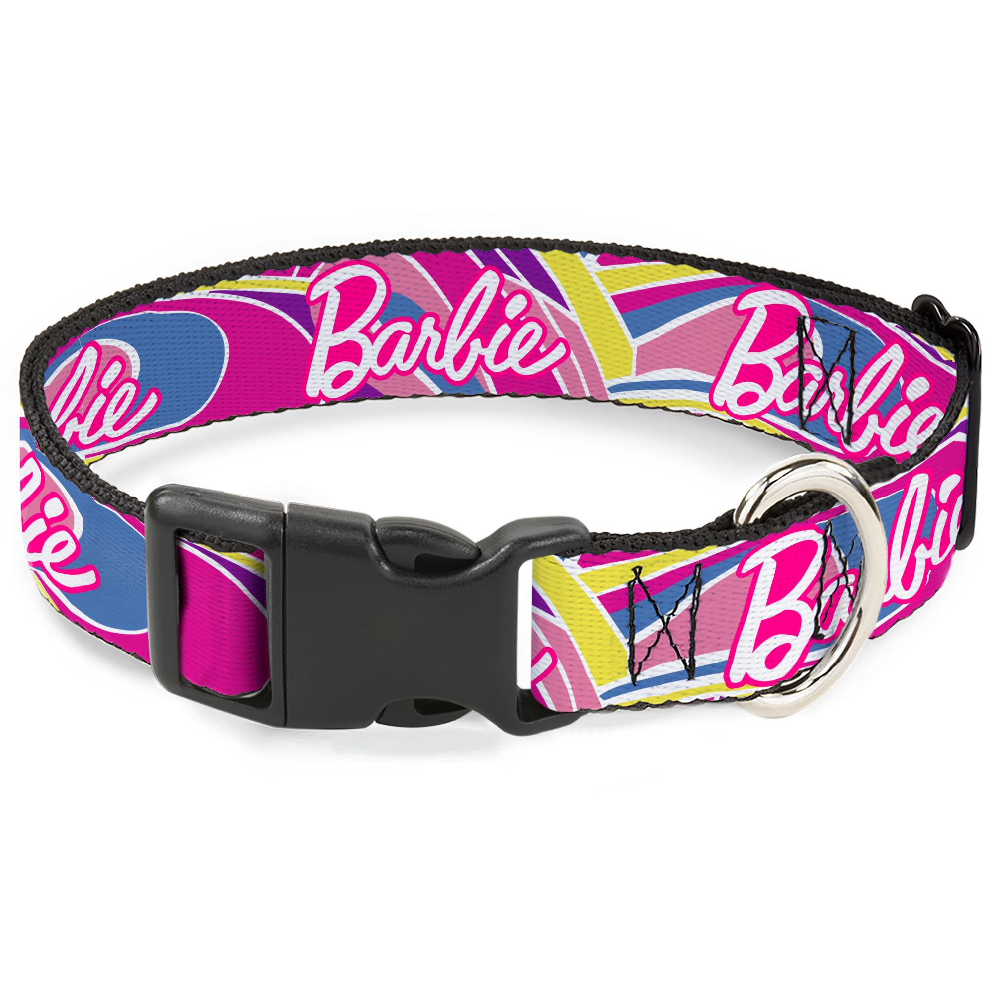 Mattel Dog Collar with Plastic Buckle, Quick Release, Easy Adjustable, Barbie Script Signature Logo Abstract Multi Color White,11 to 16.5 Inches 1.0
