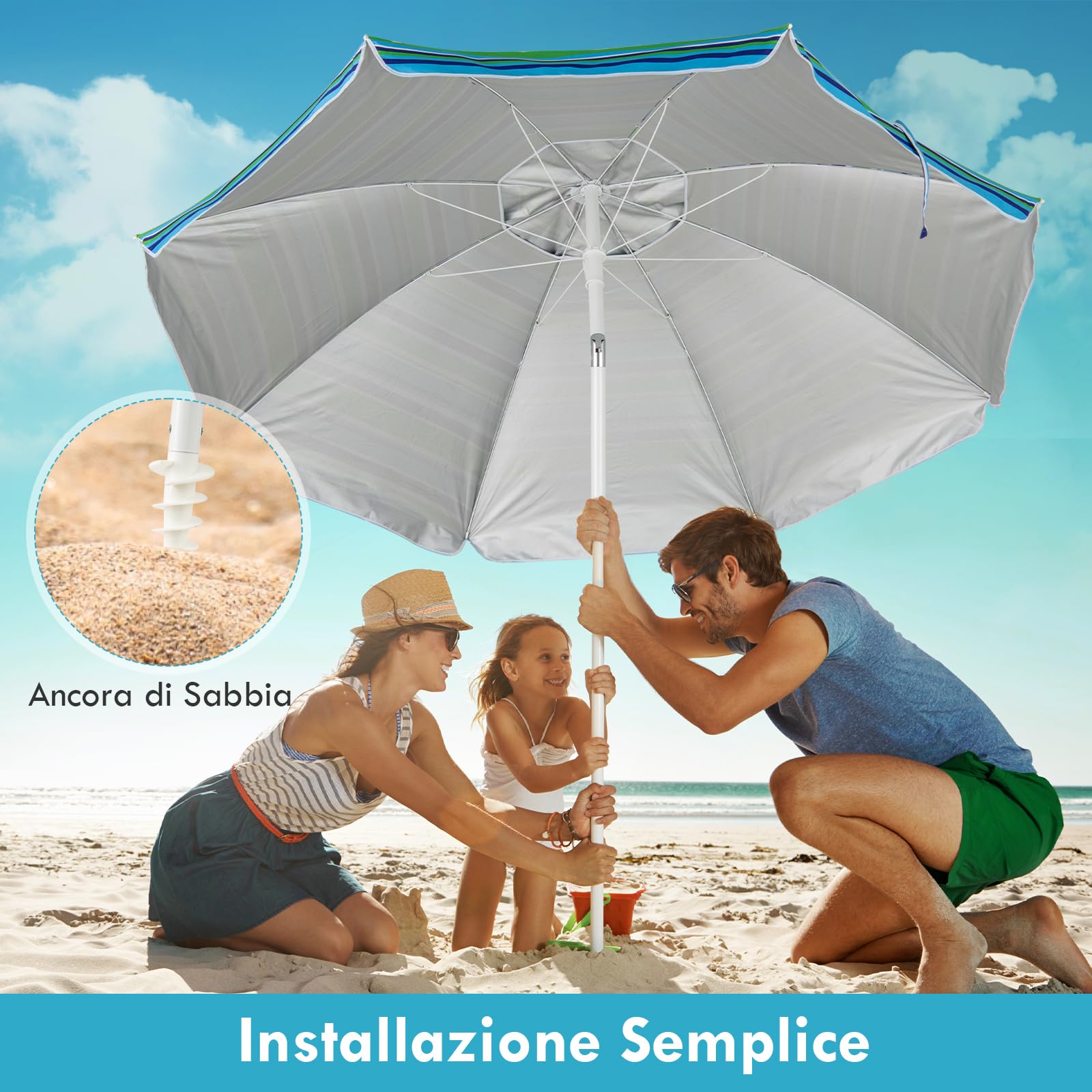RELAX4LIFE Ombrellone da Spiaggia diametro 220 cm con Vassoio, Ombrellone da Mare Inclinabile a 8 Stecche con Air Vent, Protezione solare e impermeabile, Borsa di Trasporto Inclusi (Modello 4)