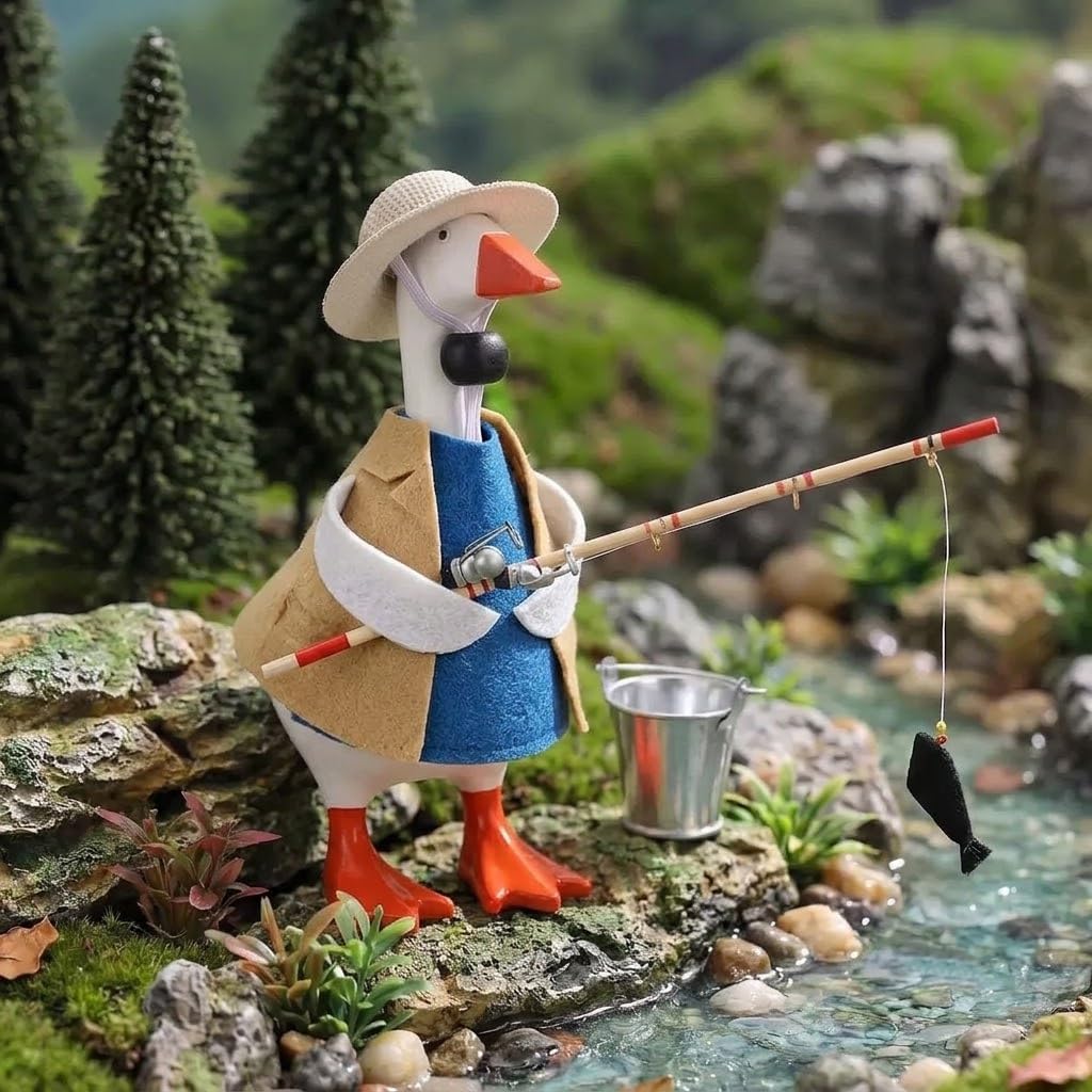 Fishing 7 Inch Desk Goose Outfit Set, Fisherman Clothes with Mini Straw Hat Fishing Rod Iron Bucket and Accessories for Desk Goose Statue Goose Figurine Decor image 5