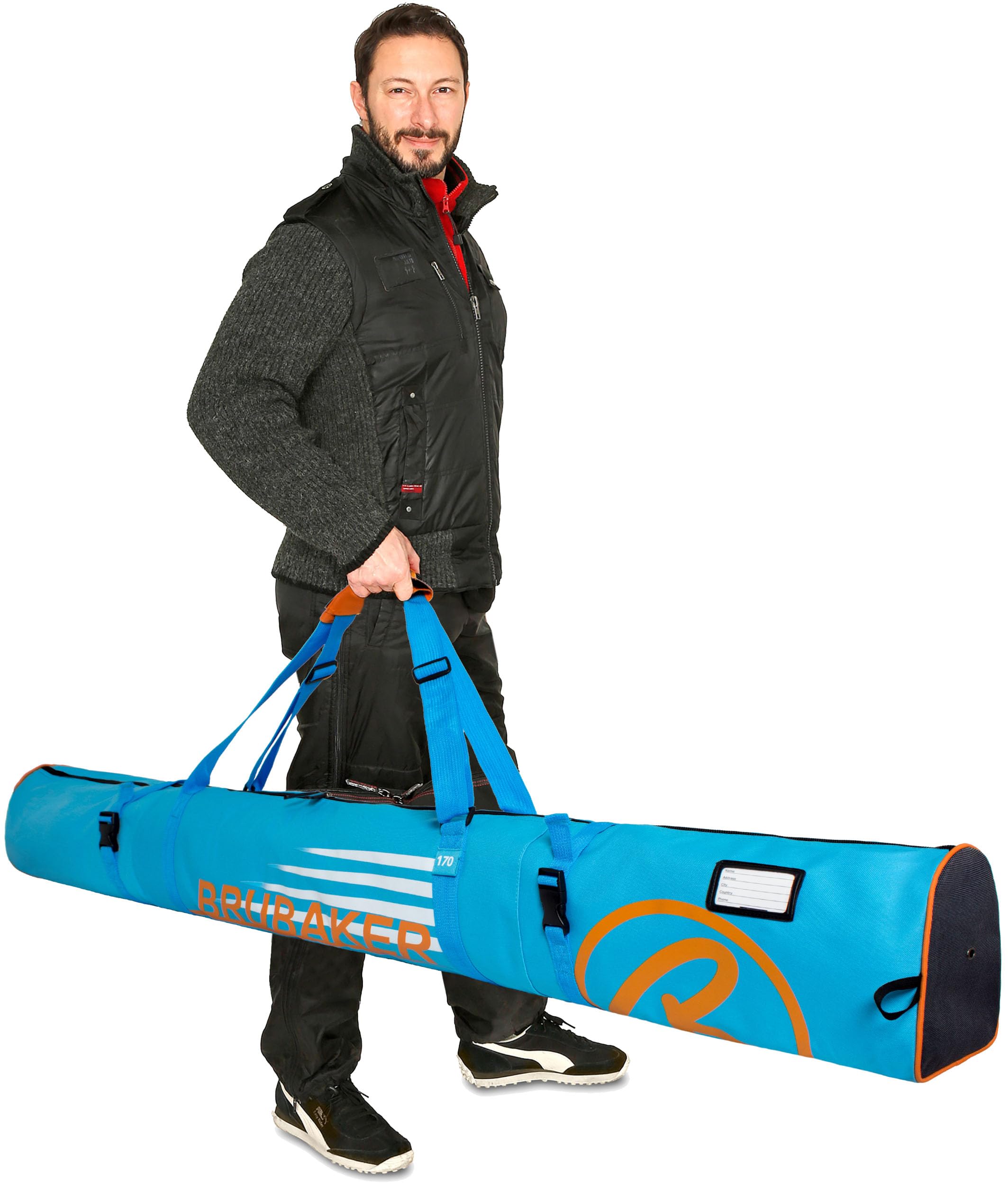 Brubaker Carver Champion Sac de Ski rembourré pour 1 Paire de bâtons de Ski et bâtons Bleu Orange 170 x 34 x 34 cm